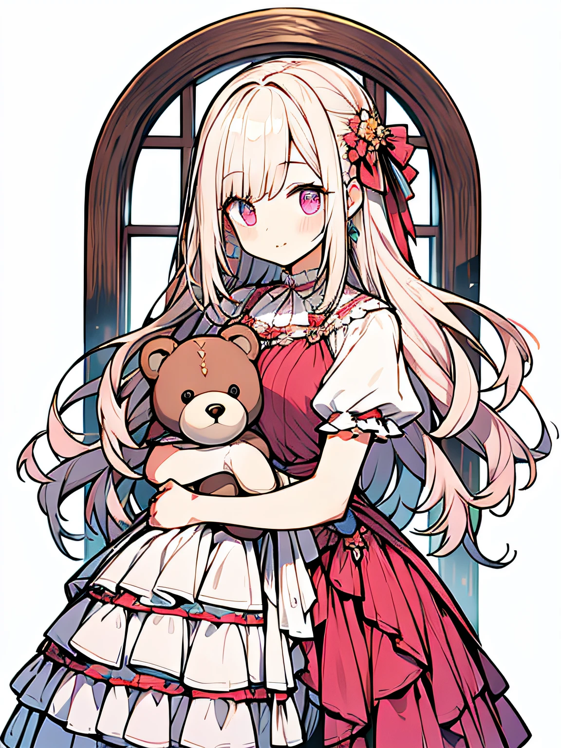 Pink dress,length hair,Stuffed Bear,White background