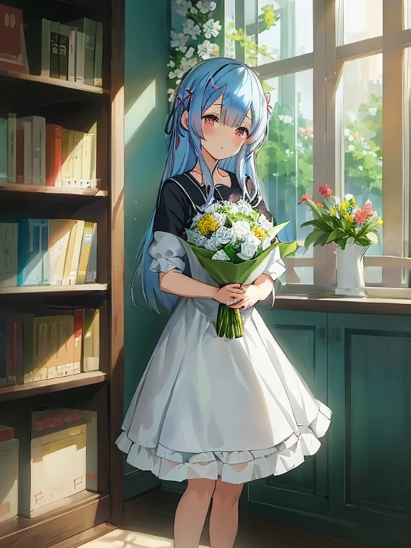 Anime girl in white dress with bouquet of flowers, rem rezero, in dress, Rin, guweiz on pixiv artstation, anime moe art style, guweiz, Cute anime waifu in a nice dress, guweiz on artstation pixiv, Anime visuals of cute girls, artwork in the style of guweiz