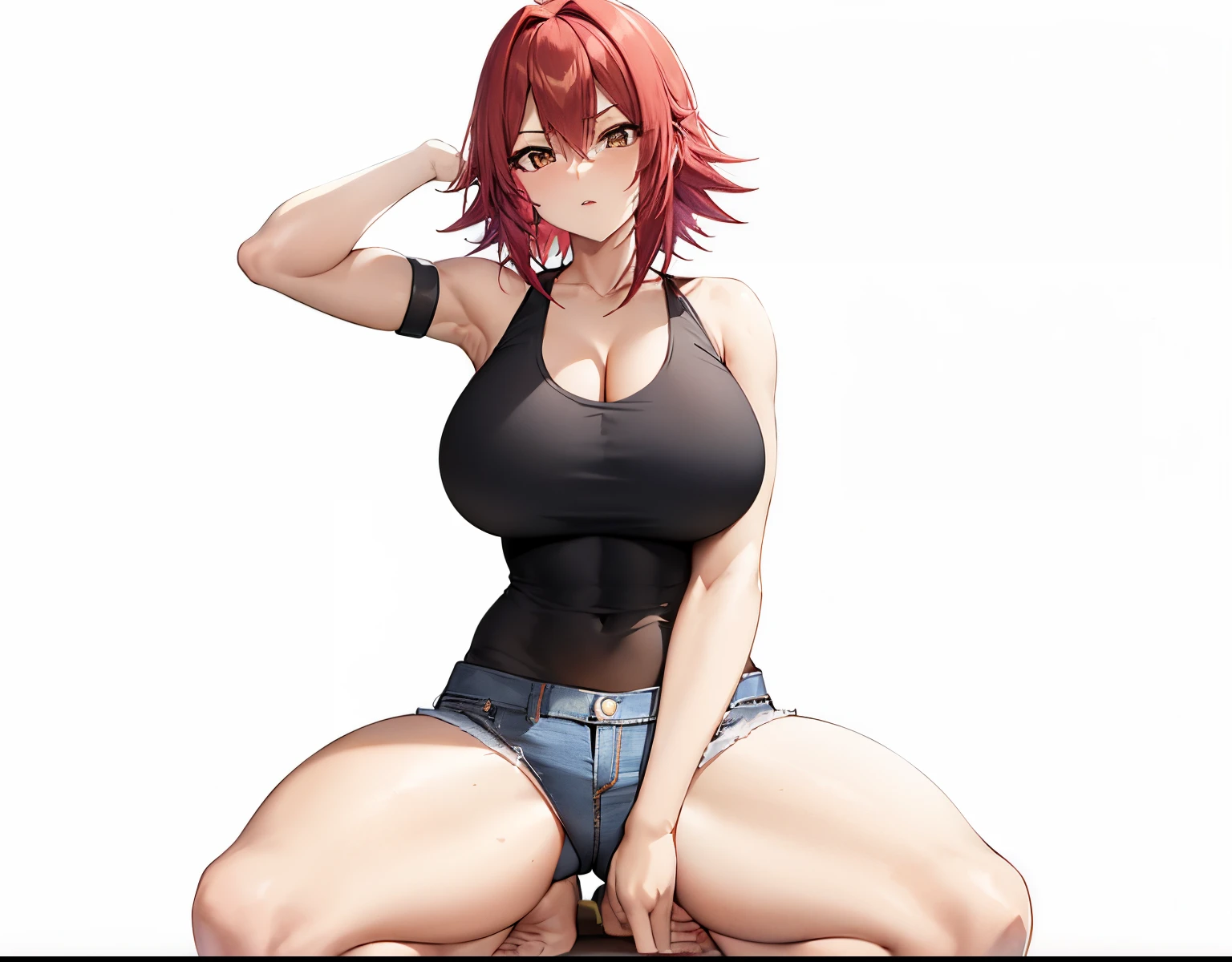 Anime girl with red hair sitting on the floor in seiza style, an anime girl, anime style character, garments:Black tank top, girl wearing denim shorts, In anime style, huge tit, with large breasts, anime styled, Anime style, Muscular woman, knights of zodiac girl, with hair standing on end,Semi-long red hair,  In an anime style, feminine and muscular, Bare arms, Bare shoulders,