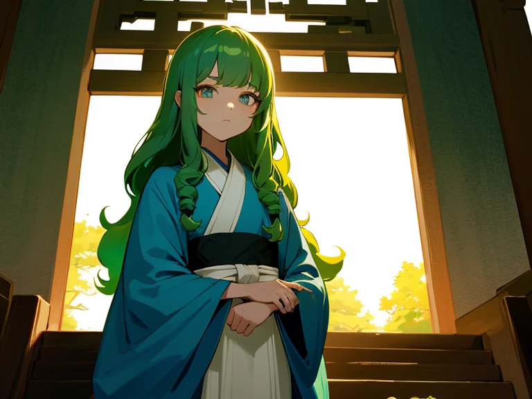 shrines,the setting sun,Under the steps,Green haired woman,Curly long hair,Long messy hair,sideface,Cyan Hanfu,Black pupillack colored eyes