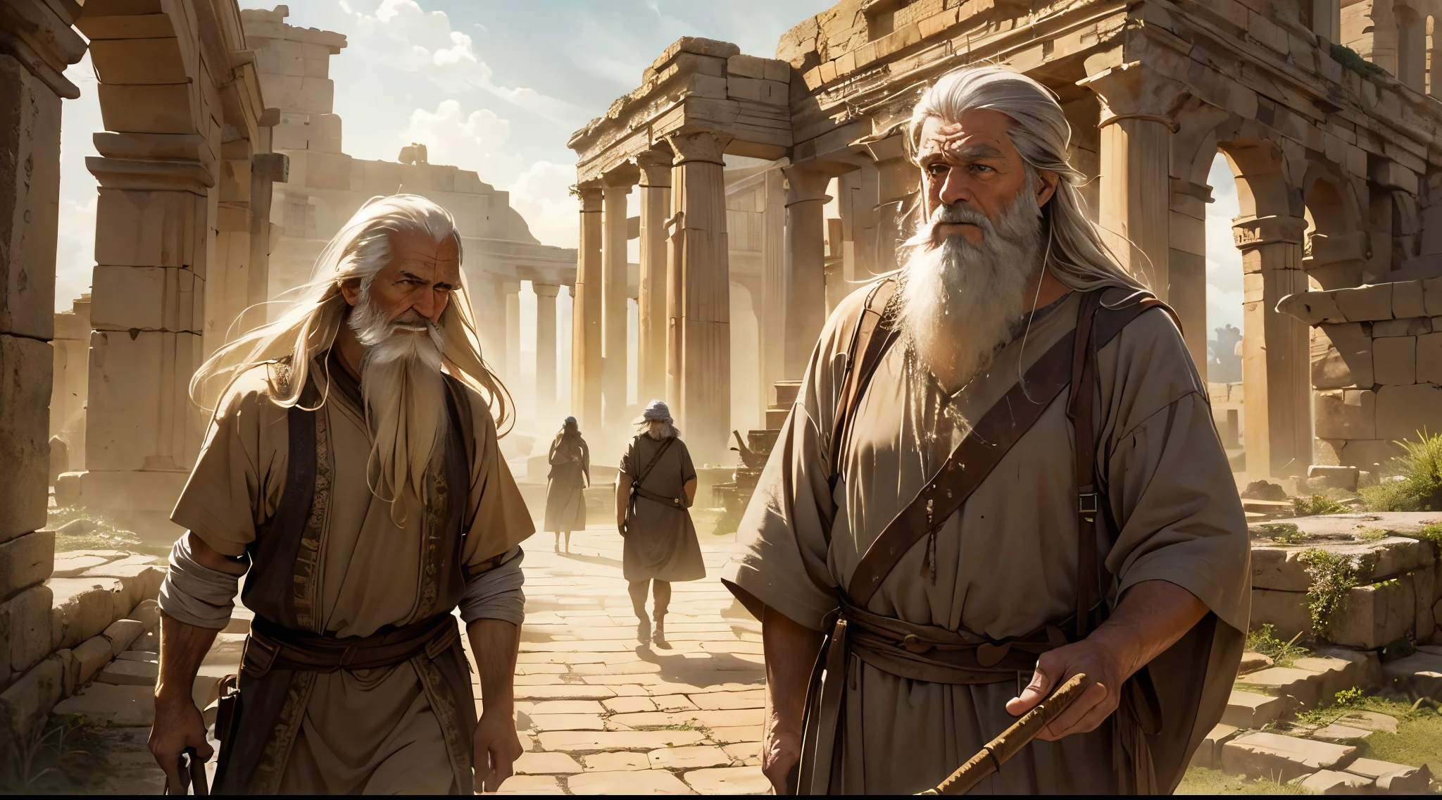 (best quality,realistic),(ancient man:1.1,old man:1.2,time-travel:1.1),brown tunic,beard,weathered face,long white hair,serene expression,wise eyes,walking stick,cracked skin,dimly lit,biblical atmosphere,dusty surroundings,sunrays piercing through clouds,surrounded by ancient ruins,majestic background,fading light.