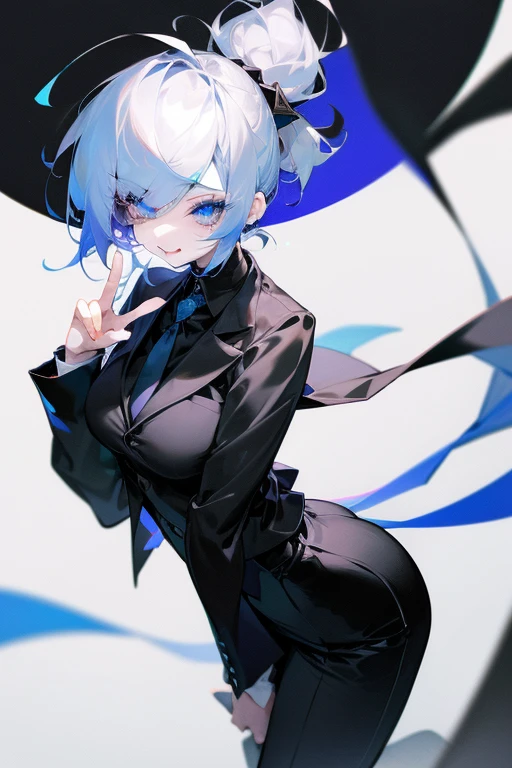 A 165cm tall Japanese girl with short, extremely messy blue-white hair, pure white, long eyelashes and bright blue pupils. She's posing in mid-air, as if taking a professional photoshoot. She's holding up one hand in a peace sign while winking and sticking out her tongue. She's wearing a black formal suit without the tie and also black, formal pants but she's wearing black, brand-name runners and crew-cut socks. She has quite a tomboyish appearance, being pretty and feminine while also being handsome and masculine.