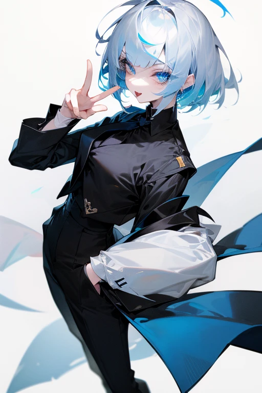 A 165cm tall Japanese girl with short, extremely messy blue-white hair, pure white, long eyelashes and bright blue pupils. She's posing in mid-air, as if taking a professional photoshoot. She's holding up one hand in a peace sign while winking and sticking out her tongue. She's wearing a black formal suit without the tie and also black, formal pants but she's wearing black, brand-name runners and crew-cut socks. She has quite a tomboyish appearance, being pretty and feminine while also being handsome and masculine.