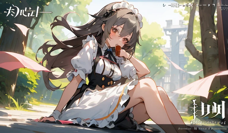 Anime girl sitting on the ground drinking coffee, Cute anime waifu in a nice dress, kawacy, in dress, anime girls in maid costumes, cushart krenz key art feminine, a maid in a magical forest, guweiz on pixiv artstation, Trending on ArtStation pixiv, Beautiful anime girl, from girls frontline