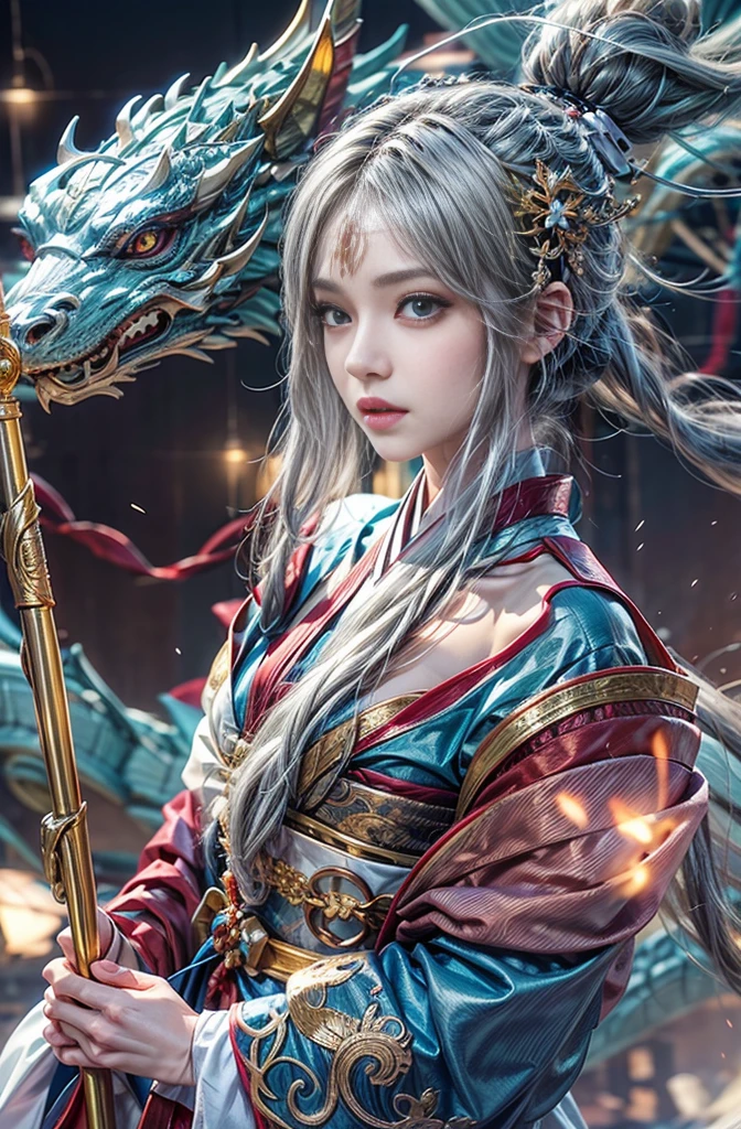 (Photoreal Stick:1.4, masutepiece:1..3, 8K), top-quality, ​masterpiece, 超A high resolution, Perfect dynamic composition, Professional camera work, Grow Light Effect, Mystical portrait, Cinematic Light, Highly detailed skin and facial texture:1.3, The ultra-detailliert, Detailed hands and fingers, A detailed eye, (riding a dragon:1.2, carry a noble long cane), (myterious:1.3, Fanciful:1.2, tradition:1.2, majestueux:1.2), 1girl in, 25-years old, cute and sexy slim goddess, Fair skin, (Calm:0.9, Totally captivates you:1.0), (japanese miko costume:1.3, off shoulders), (voluptuous breasts:0.9), (Backshots), (A beautiful Blue eyes, Eyes that feel beautiful eros:0.85), Sexy face:0.4, (A mouthfeel that feels beautiful eros:0.85), ((Too cute beauty:0.9)), Fantastic background, Eliminate unnecessary hands