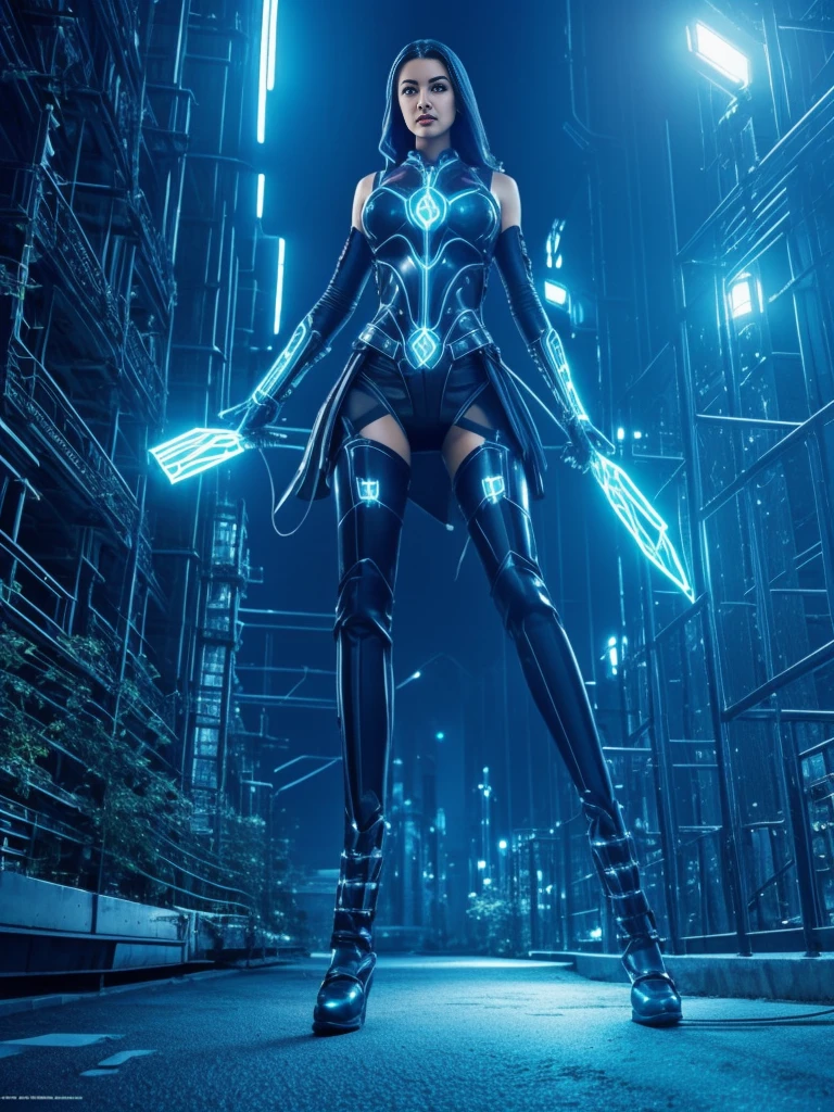 solo, 1female, (long legs, thick thighs, narrow waist:1.3, wide hips:1.4), sexy mature female, thick lips, (detailed face, detailed body, futuristic, arcane, bioluminescent, tech, crystalline, metallic, flora, glyphs, plantlife, circuits, neon, mystic, technology, ruin, magic, cyber, ancient, stark contrast, detailed background, scenic composition).