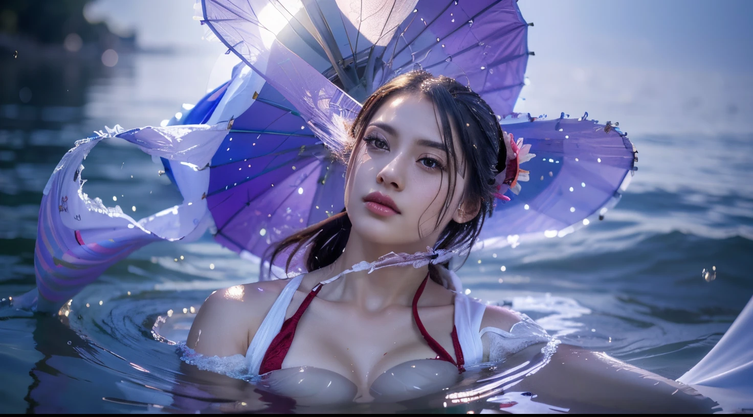 Kagura water lily, umbrella, 1 girl, realistic, ultra detail quality, masterpiece, ultra high res, (photorealistic:1.4), raw photo,, glowing skin