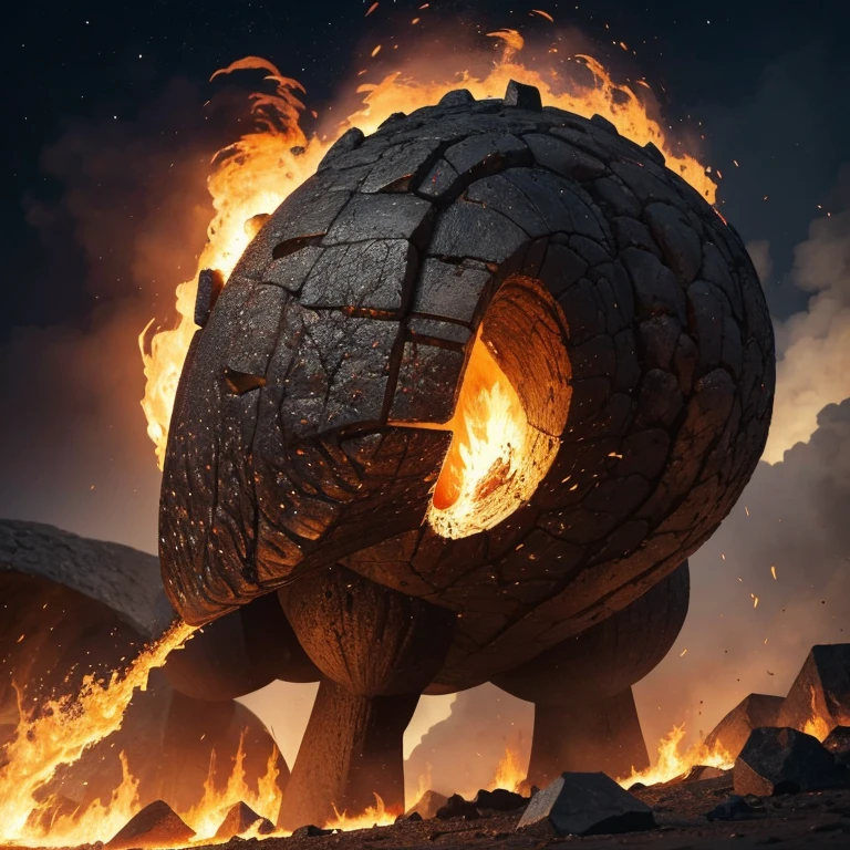 Fait moi une image d’un monstre qui est en pierre fondue avec le corp en feu des ailes en magma qui brûle tout sur son chemin en laissant des étincelles derrière lui