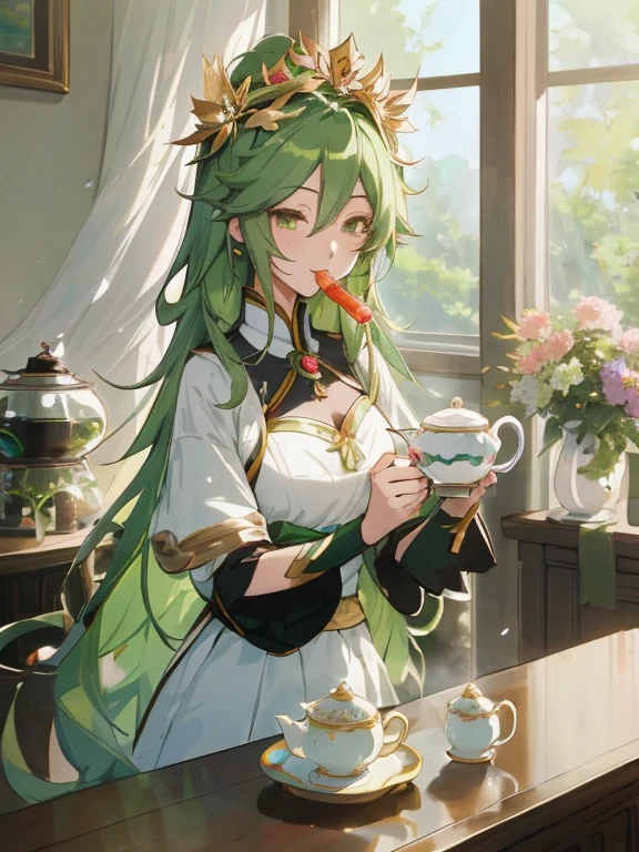 Anime girl with green hair and a flower crown with a teapot, Official art, official artwork, Is ((drinking a cup of tea)), lady palutena, high detailed official artwork, Drinking tea, marin kitagawa fanart, guweiz on pixiv artstation, loputyn and matcha, a serene smile, highly detailed exquisite fanart