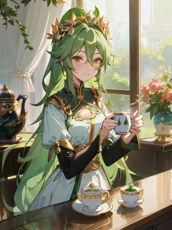 Anime girl with green hair and a flower crown with a teapot, Official art, official artwork, Is ((drinking a cup of tea)), lady palutena, high detailed official artwork, Drinking tea, marin kitagawa fanart, guweiz on pixiv artstation, loputyn and matcha, a serene smile, highly detailed exquisite fanart