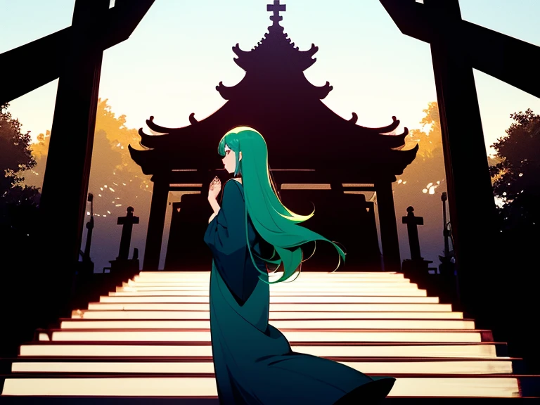 shrines,the setting sun,Under the steps,Green haired woman,Curly long hair,Long messy hair,sideface,Cyan Hanfu,Back Shadow