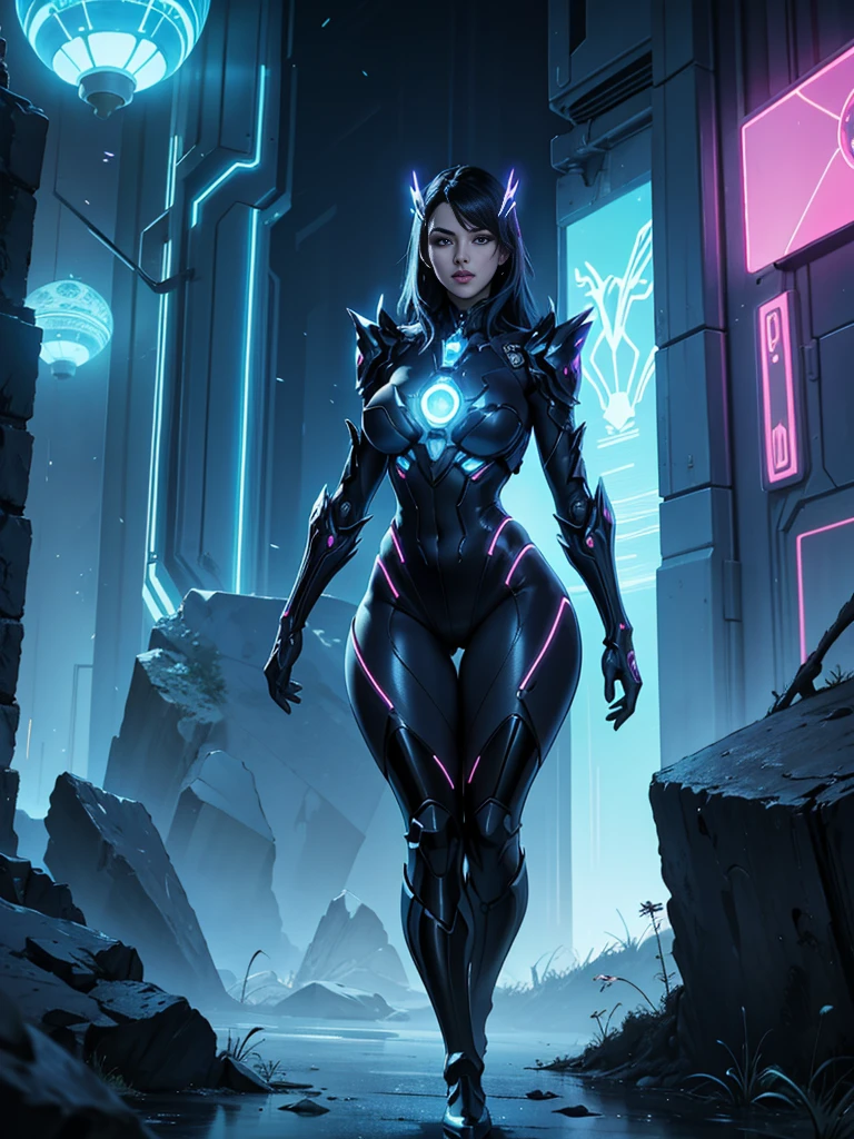 solo, 1female, (long legs, thick thighs, narrow waist:1.3, wide hips:1.4), sexy mature female, thick lips, (detailed face, detailed body, futuristic, arcane, bioluminescent, tech, crystalline, metallic, flora, glyphs, plantlife, circuits, neon, mystic, technology, ruin, magic, cyber, ancient, stark contrast, detailed background, scenic composition).