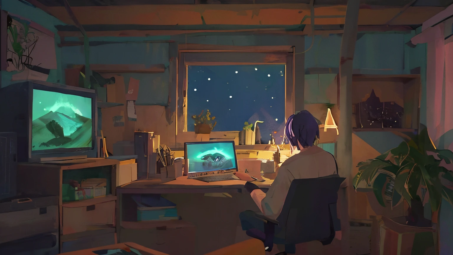 cena de anime de um homem sentado em uma mesa em frente a um computador, Elogio Artstyle, Arte Lofi, ZERO vibrations, Hip Hop Lofi, Lofi Sensation, lofi aesthetic, arte lo-fi, lo-fi illustration style, ZERO, Retrato Lofi, vibe ZERO, ****** ZERO, Chillhop, anime aesthetic