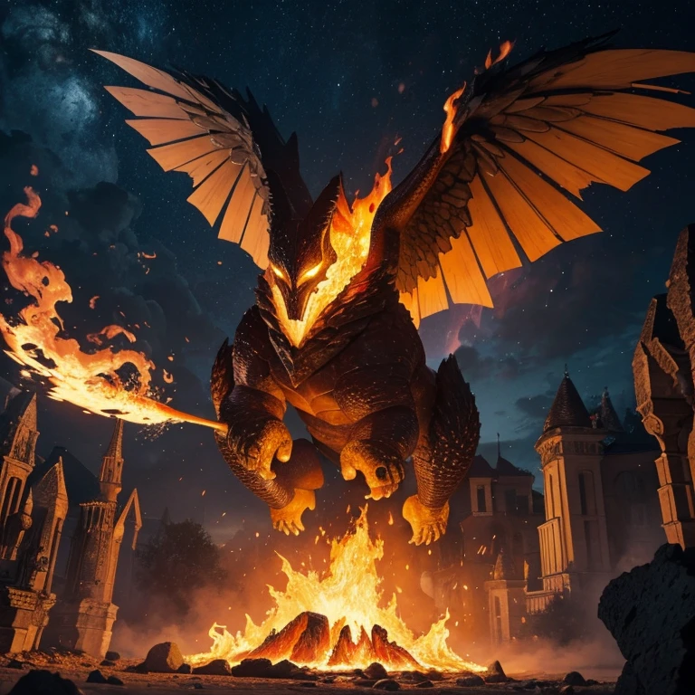 Fait moi une image d'un monstre qui est en pierre fondue avec le corps en feu des ailes en magma qui brûle tout sur son chemin en laissant des étincelles derrière lui