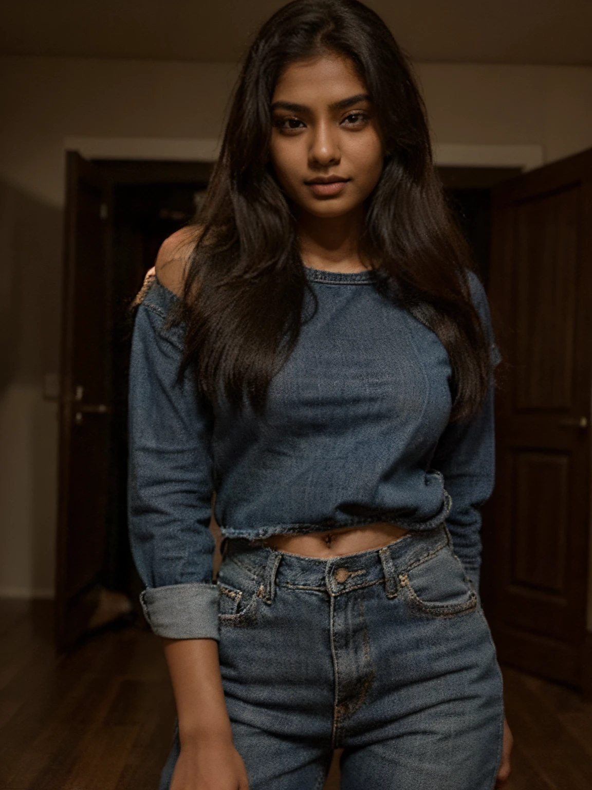 An Indian dusky girl, age of 24, photoshoot look, wearing a denim jumper, looking sizzling, looking into the camera, full shot, Meera Nayak, photoshoot, hands on waist, brown girl, dusky girl, photoshoot in a studio, photoshoot