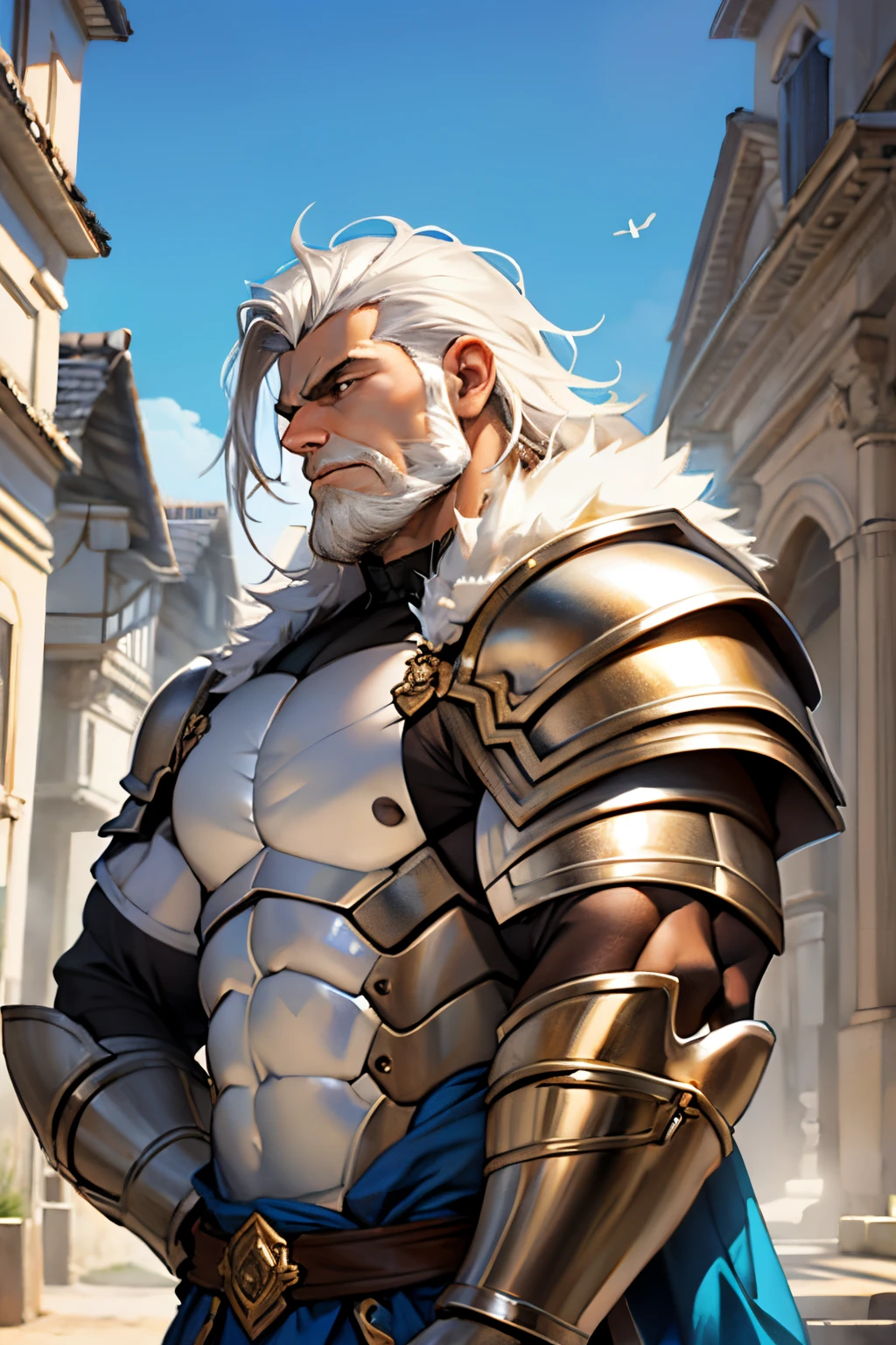 Hombre con cabello muy corto, piel blanca, cuerpo muy musculoso, exageradamente musculoso, Metallic armor, barba