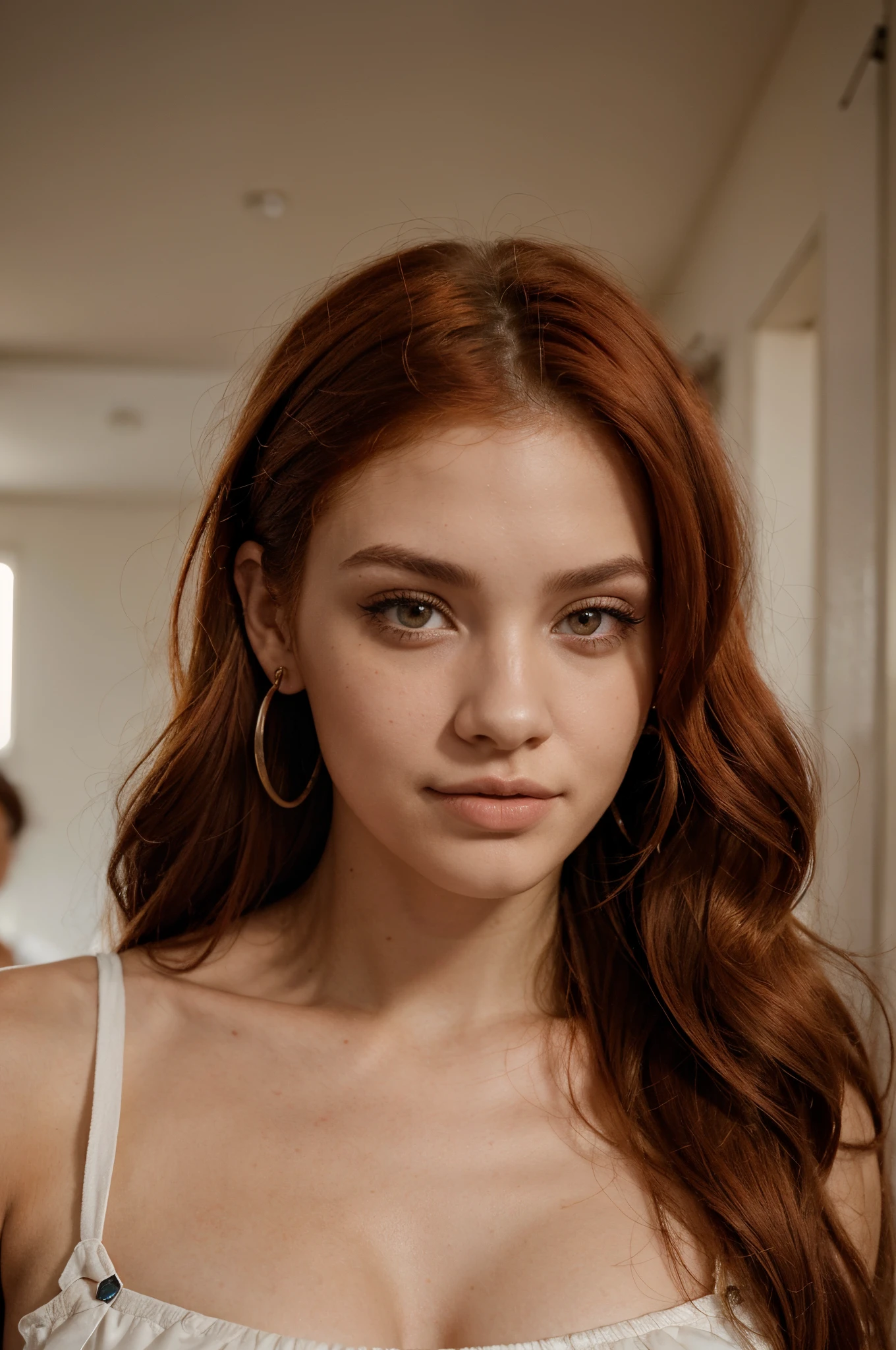 There is a red-haired woman with big earrings looking at the camera., con ojos cafe claro, usar aretes ornamentados, Joven pelirroja, Retrato Sophie Mudd, Cara sonriente de modelo, Cabello rojo y rasgos atractivos, una joven pelirroja, Pendientes enormes y maquillaje queer, Mujer pelirroja, Cara de cerca, con mejillas redondas, Rostro de mujer joven, pendientes largos, cuerpo completo, blusa blanca, short celestes semitransparente, ombligo descubierto