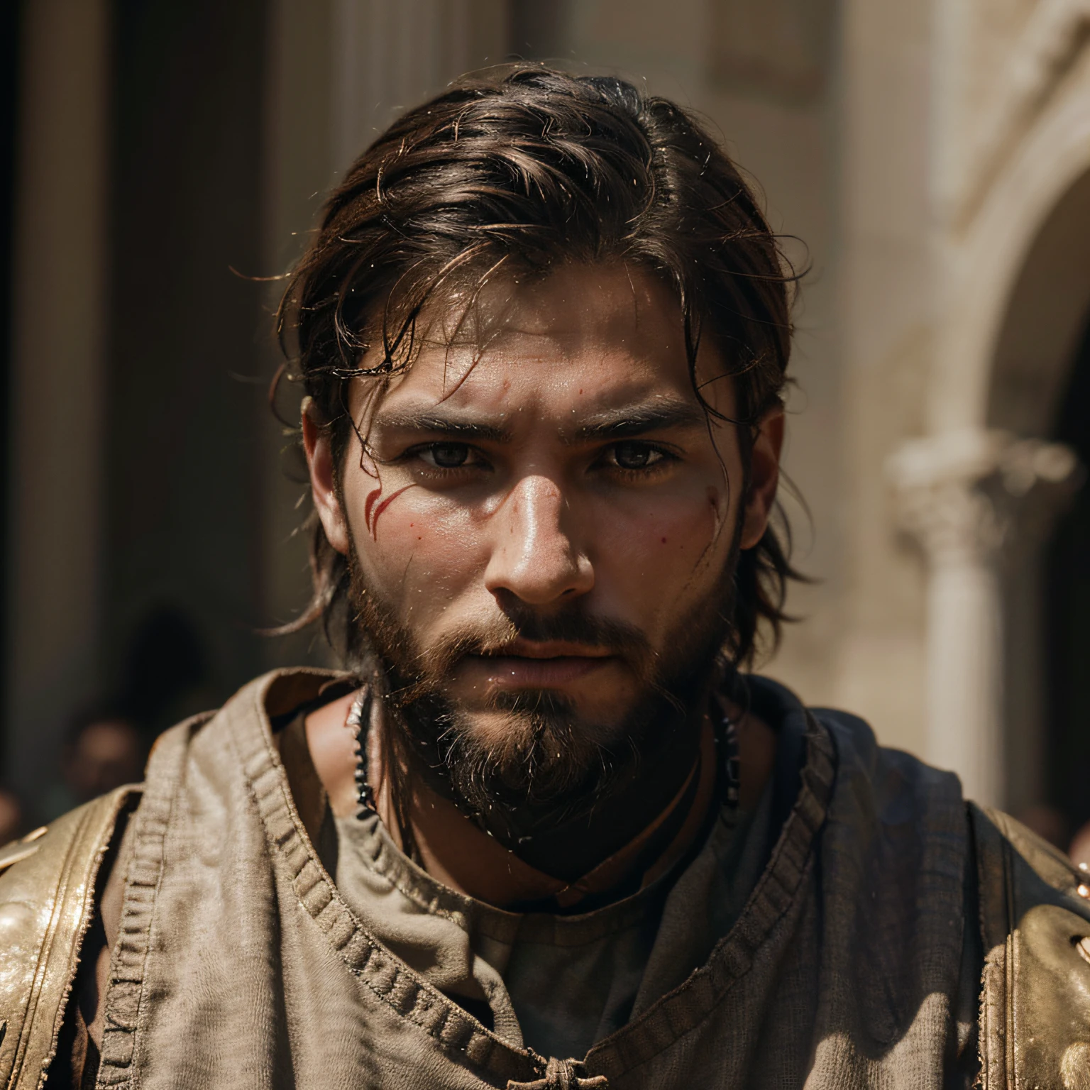closeup potrait of a male masculine warrior wearing rome soldiers battle with a beard clothes wounded but still standing unfazed