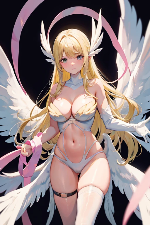 blonde hair, white bra, white lingerie, white underwear, long hair, angel wings,large breasts, bare shoulders, elbow gloves, feathered wings, gloves, head wings, navel, pink ribbon, ribbon, single elbow glove, single glove, thigh strap, wings