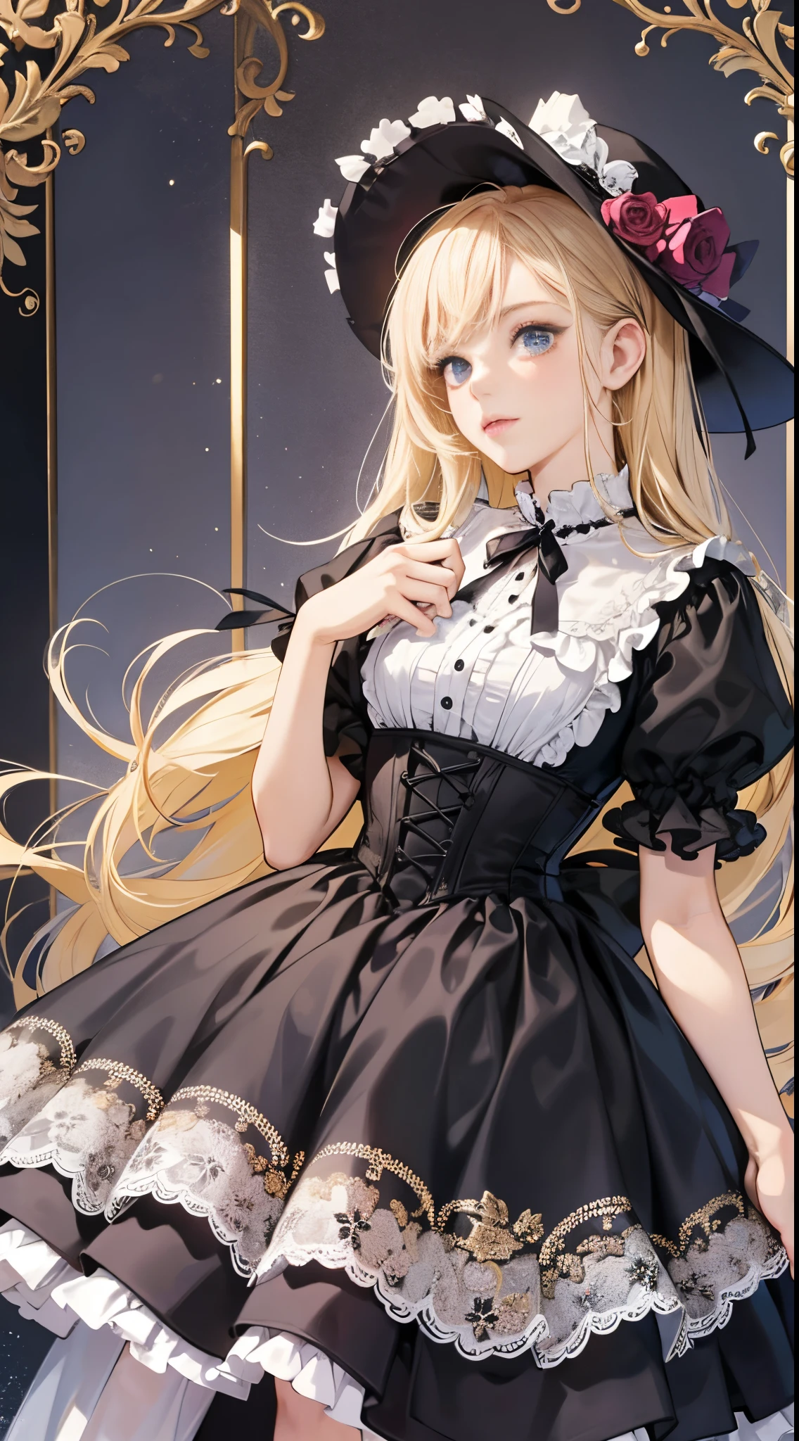 woman wearing dress and boots , baroque dress, in detailed steampunk dress, an elegant gothic princess, victorian gothic lolita fashion, Historical Baroque Dress Dark, black gothic lolita dress, fantasy style clothing, rococo dress, black rococo, classical witch, fantasy outfit, wearing a gothic dress, romantic dress, gothic dress,a blond, student,(((Upper body portrait)))