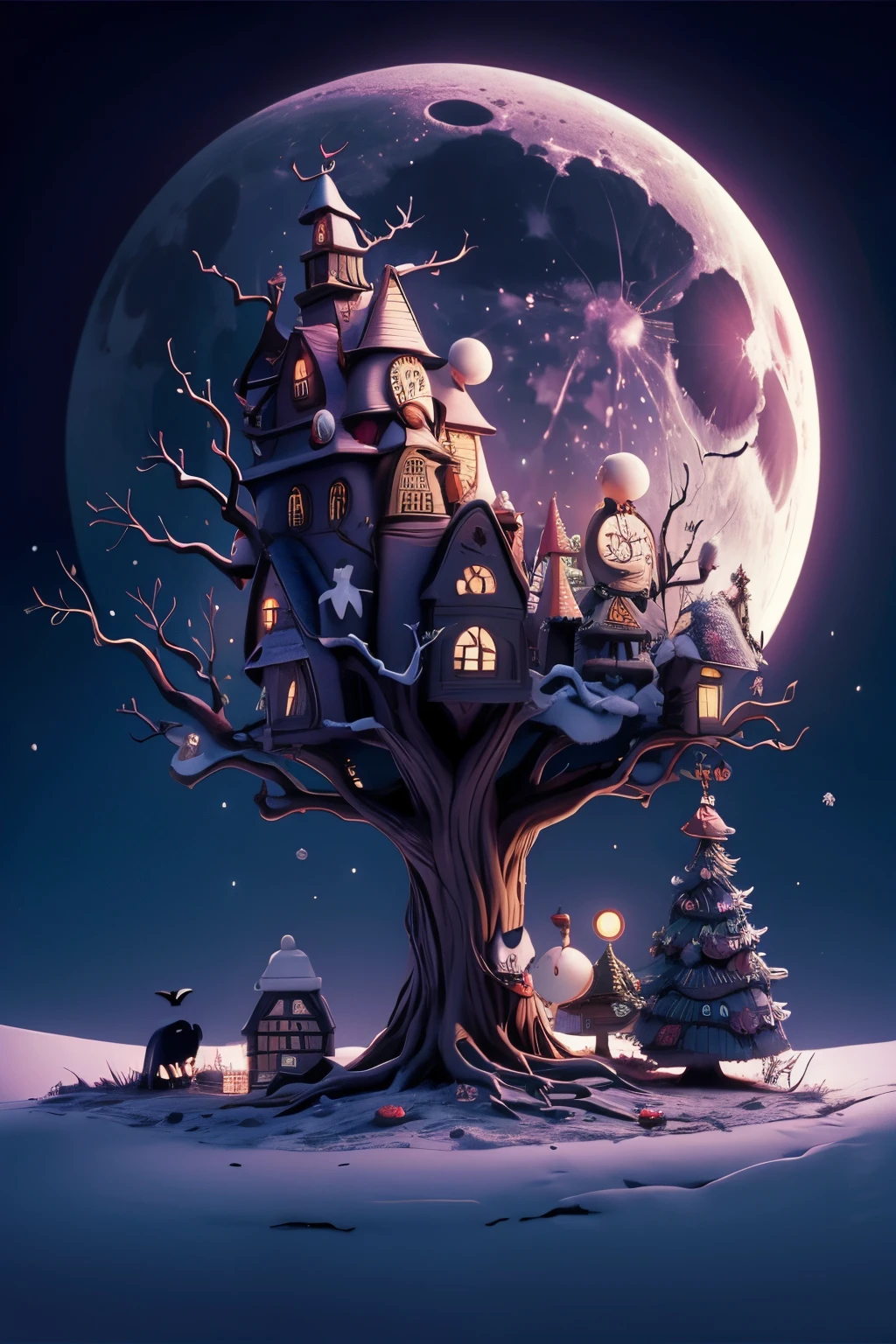 Santa Claus in The Nightmare Before Christmas, Under the Dead Tree, Moonlit Night, Bats, Tim Burton films, high color rendering, high