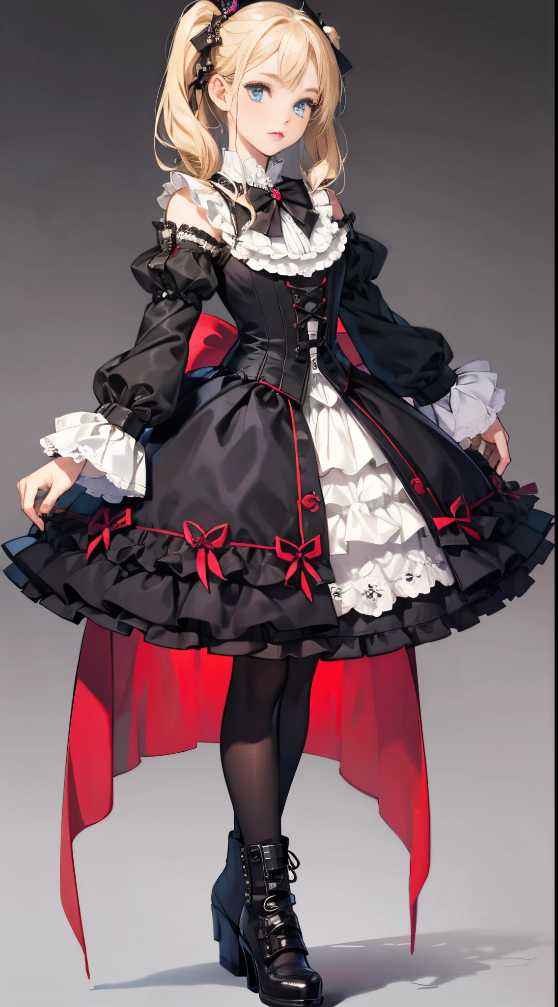 woman wearing dress and boots , baroque dress, in detailed steampunk dress, an elegant gothic princess, victorian gothic lolita fashion, Historical Baroque Dress Dark, black gothic lolita dress, fantasy style clothing, rococo dress, black rococo, classical witch, fantasy outfit, wearing a gothic dress, romantic dress, gothic dress,a blond, student,(((Upper body portrait)))