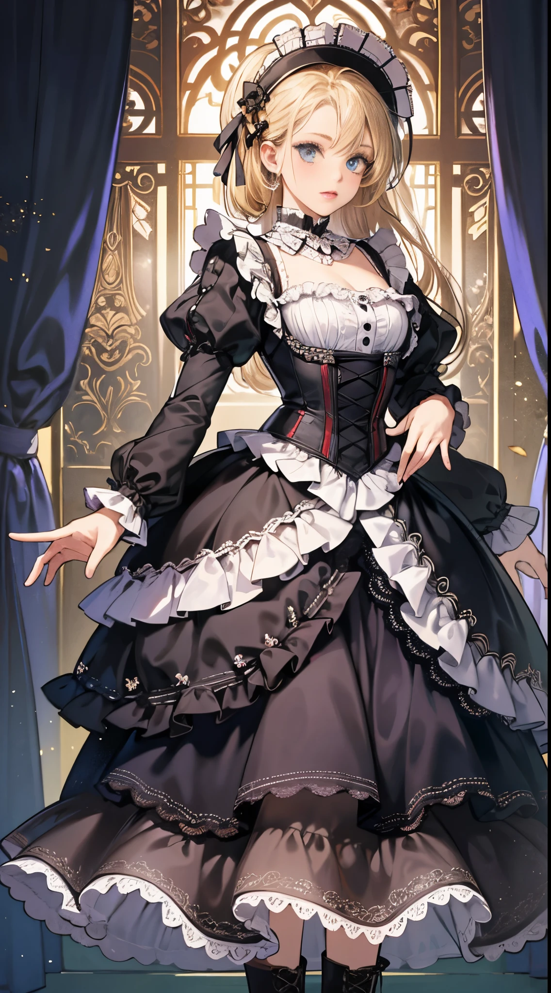 woman wearing dress and boots , baroque dress, in detailed steampunk dress, an elegant gothic princess, victorian gothic lolita fashion, Historical Baroque Dress Dark, black gothic lolita dress, fantasy style clothing, rococo dress, black rococo, classical witch, fantasy outfit, wearing a gothic dress, romantic dress, gothic dress,a blond,15yo student,(((Upper body portrait)))