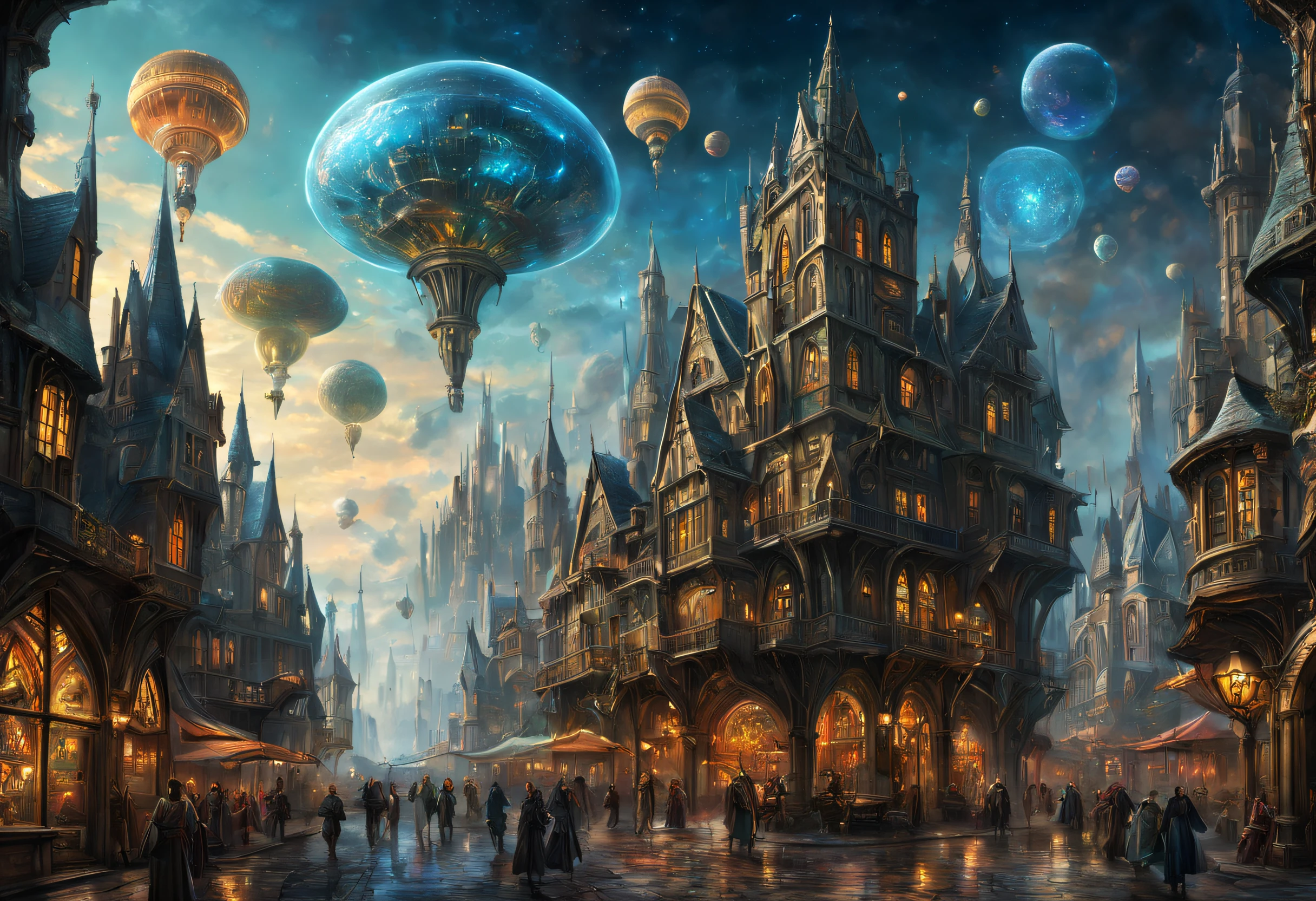 (a fusion of a medieval town and science fiction),oil painting,highres,ultra-detailed,vibrant colors,futuristic architecture,hovering spaceships,mysterious atmosphere,grand castles,twisting cobblestone streets,majestic spires,powerful energy fields,enchanted glowing crystals,steam-powered machinery,curious steampunk inventions,medieval knights in hi-tech armor,otherworldly creatures blending with humans,illuminated holographic signs,advanced transportation systems,glowing neon lights reflecting on the wet pavements,starry night sky with multiple moons,mechanical dragons soaring through the air,hidden underground laboratories,interdimensional portals,ancient ruins being transformed into futuristic structures,ornate stained glass windows depicting futuristic scenes,medieval marketplaces with futuristic kiosks and holographic displays,solar-powered energy generators,enchanted forests with bioluminescent plants,dazzling fireworks illuminating the sky,endless possibilities merging the past and the future.