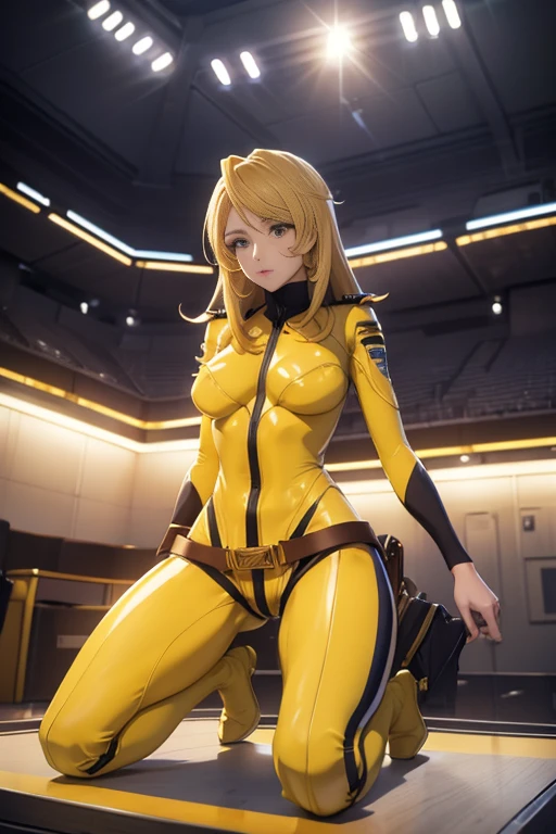 (hyperdetails), (masutepiece), (good lighting), 8K, Solo, Full body , (mori yuki), Blonde hair, Yellow bodysuit, Yellow boots, Skin Tight, Belt bag, Perfect legs, (detailed and delicate costumes:1.2), Slender body, Standing on a spaceship, Open legs, Tilted words、(vulvashaped、Nipple Pochi、Thigh gap、Manstreak)、