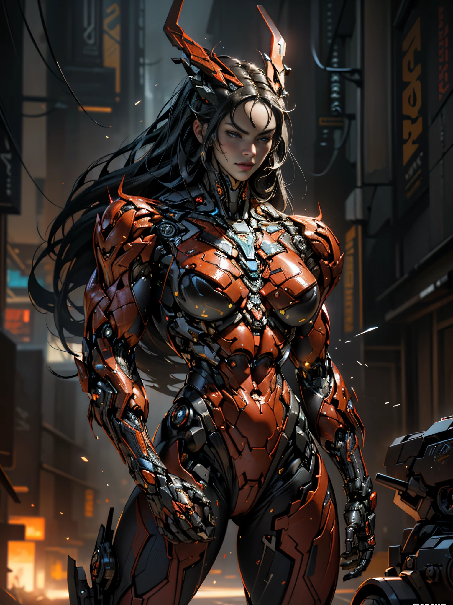 (megan fox), Cinematic, hyper-detailed, and insanely detailed, this artwork captures the essence of a hairless muscular female android girl. Beautiful color grading, enhancing the overall cinematic feel. Unreal Engine brings her anatomic cybernetic muscle suit to life, appearing even more mesmerizing. With the use of depth of field (DOF), every detail is focused and accentuated, drawing attention to her eyes and the intricate design of the anatomic cybernetic muscle suit . The image resolution is at its peak, utilizing super-resolution technology to ensure every pixel is perfect. Cinematic lighting enhances her aura, while anti-aliasing techniques like FXAA and TXAA keep the edges smooth and clean. Adding realism to the anatomic cybernetic muscle suit, RTX technology enables ray tracing. Additionally, SSAO (Screen Space Ambient Occlusion) gives depth and realism to the scene, the girl's anatomic cybernetic muscle suit become even more convincing. In the post-processing and post-production stages, tone mapping enhances the colors, creating a captivating visual experience. The integration of CGI (Computer-Generated Imagery) and VFX (Visual Effect brings out the anatomic cybernetic muscle suit's intricate features in a seamless manner. SFX (Sound Effects) complement the visual artistry, immersing the viewer further into this fantastic world. The level of detail is awe-inspiring, with intricate elements meticulously crafted, the artwork hyper maximalist and hyper-realistic. Volumetric effects add depth and dimension, and the photorealism is unparalleled. The image is rendered in 8K resolution, ensuring super-detailed visuals. The volumetric lightning adds a touch of magic, highlighting her beauty and the aura of her anatomic cybernetic muscle suit in an otherworldly way. High Dynamic Range (HDR) technology makes the colors pop, adding richness to the overall composition. Ultimately, this artwork presents an unreal portrayal of a super muscled cybernetic female android