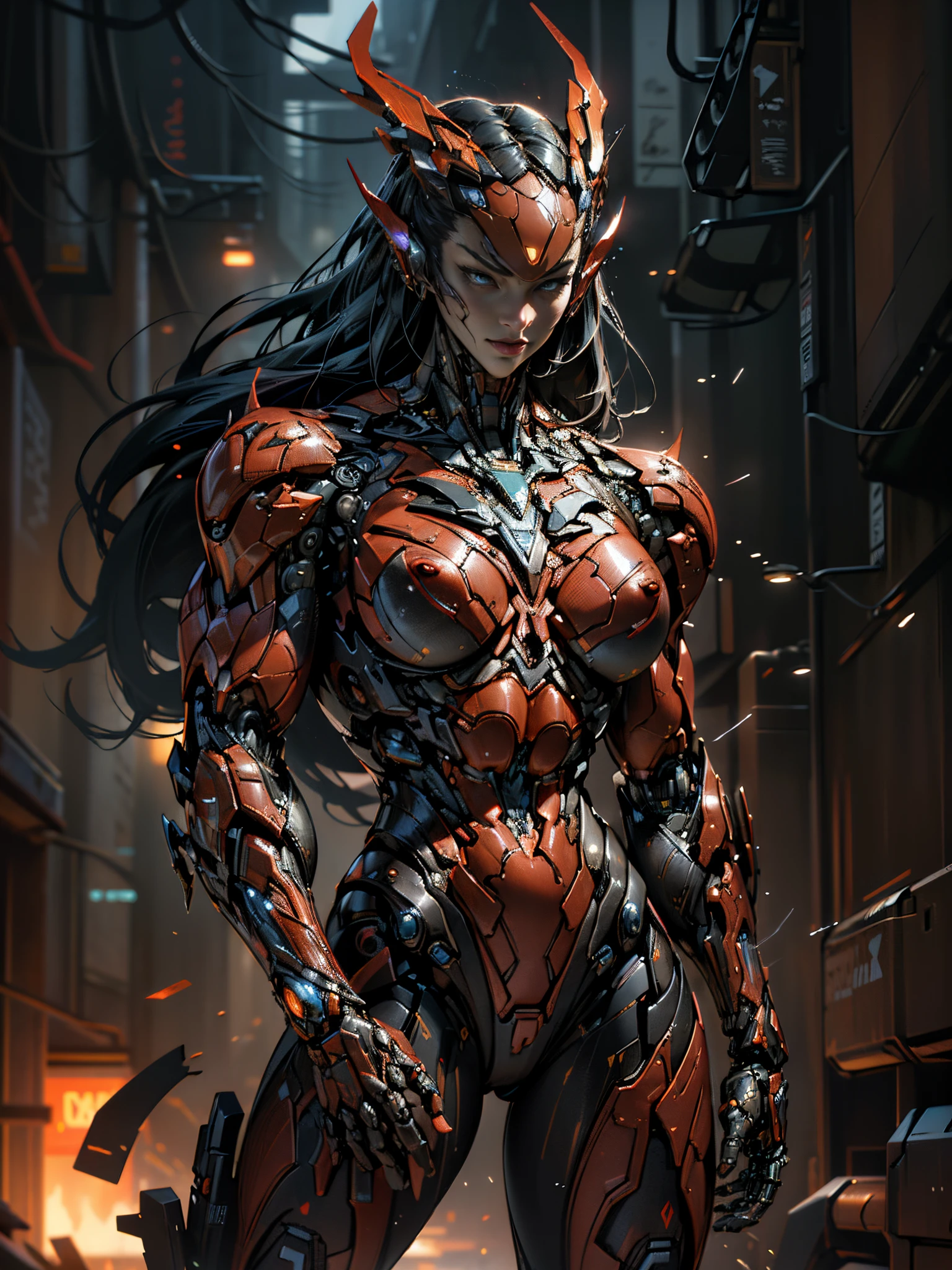 (megan fox), Cinematic, hyper-detailed, and insanely detailed, this artwork captures the essence of a hairless muscular female android girl. Beautiful color grading, enhancing the overall cinematic feel. Unreal Engine brings her anatomic cybernetic muscle suit to life, appearing even more mesmerizing. With the use of depth of field (DOF), every detail is focused and accentuated, drawing attention to her eyes and the intricate design of the anatomic cybernetic muscle suit . The image resolution is at its peak, utilizing super-resolution technology to ensure every pixel is perfect. Cinematic lighting enhances her aura, while anti-aliasing techniques like FXAA and TXAA keep the edges smooth and clean. Adding realism to the anatomic cybernetic muscle suit, RTX technology enables ray tracing. Additionally, SSAO (Screen Space Ambient Occlusion) gives depth and realism to the scene, the girl's anatomic cybernetic muscle suit become even more convincing. In the post-processing and post-production stages, tone mapping enhances the colors, creating a captivating visual experience. The integration of CGI (Computer-Generated Imagery) and VFX (Visual Effect brings out the anatomic cybernetic muscle suit's intricate features in a seamless manner. SFX (Sound Effects) complement the visual artistry, immersing the viewer further into this fantastic world. The level of detail is awe-inspiring, with intricate elements meticulously crafted, the artwork hyper maximalist and hyper-realistic. Volumetric effects add depth and dimension, and the photorealism is unparalleled. The image is rendered in 8K resolution, ensuring super-detailed visuals. The volumetric lightning adds a touch of magic, highlighting her beauty and the aura of her anatomic cybernetic muscle suit in an otherworldly way. High Dynamic Range (HDR) technology makes the colors pop, adding richness to the overall composition. Ultimately, this artwork presents an unreal portrayal of a super muscled cybernetic female android