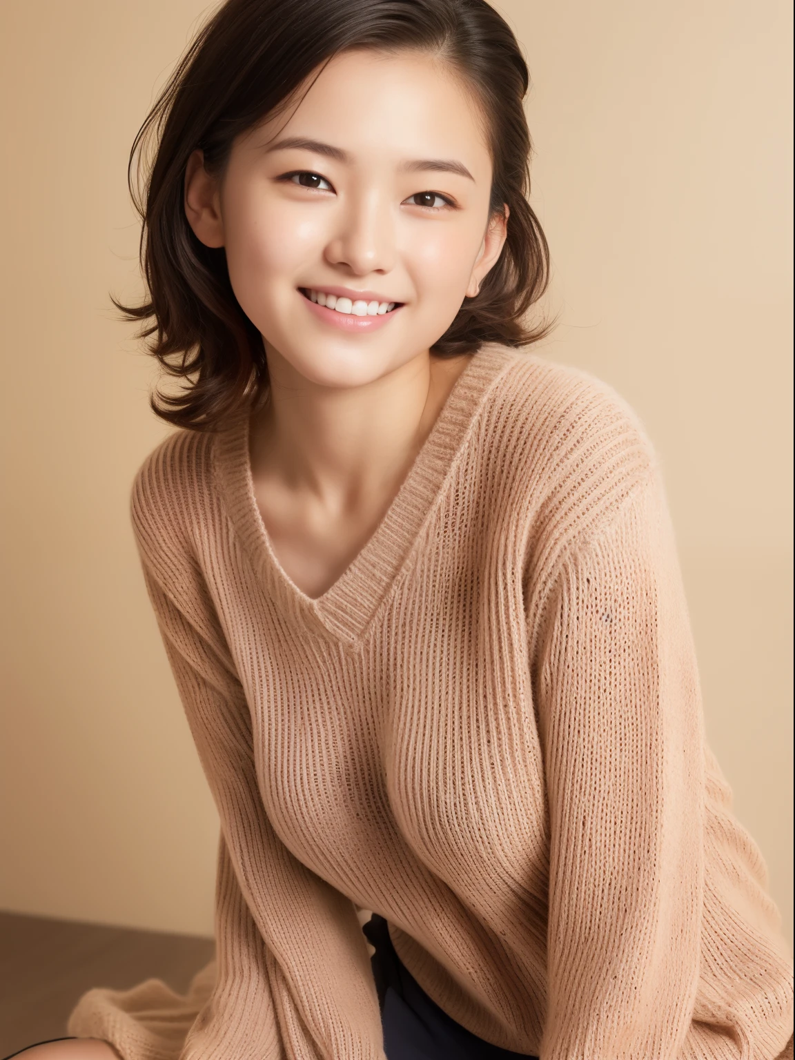 Enhanced dynamic perspective，Cute cute beautiful girl、 student, (Huge breasts:1.3), busty, Flowing sweat, narrow shoulder,((V-neck sweater:1.3)), Wool, overseas skirt)))、Get down on one knee, Spread legs, Leaning forward, Put one hand on the floor, see through,Look at me and smile， backgound，Works of masters，high quarity，4K resolution，super-fine，Detailed pubic hair，acurate，Cinematic lighting，Leaves the original facial proportions