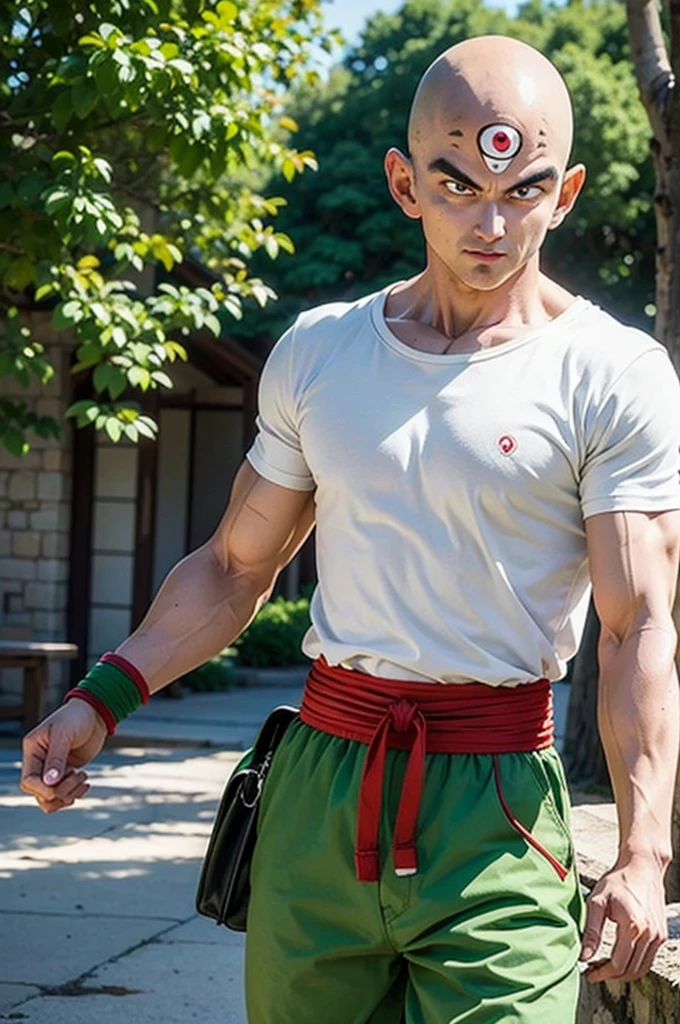 masterpiece, best quality,  solo,anime coloring, a cowboy shot of a tien with ((third eye:1.2)) and black eyes, white t-shirt,red sash, green pants, green wristbands, outdoors next to a ring,bald