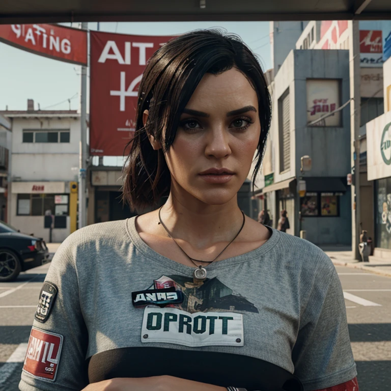 rchbld, (top angled shot:1.1),rchbld hair,sunrise,(wearing t-shirt and casual pants:1.2),cyberpunk city street,volumetric lighting,masterpiece,cinematic