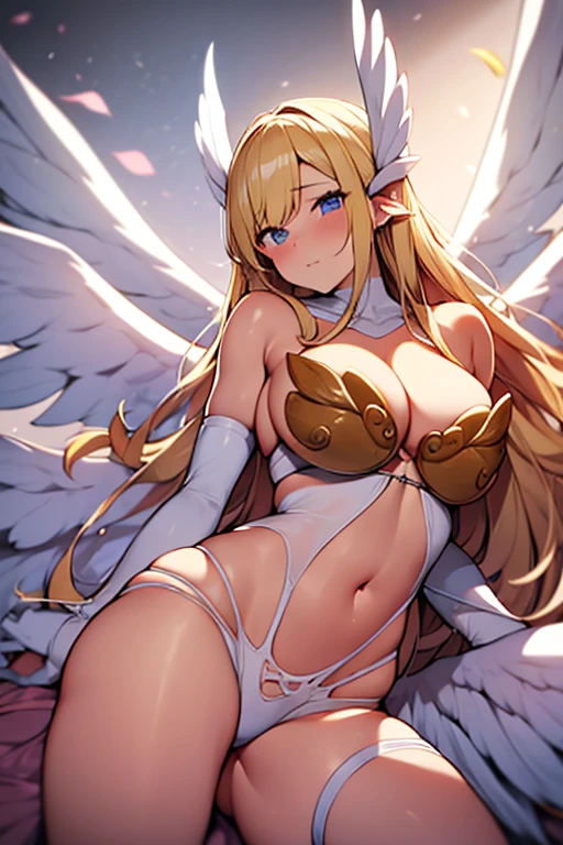 blonde hair, white bra, white lingerie, white underwear, long hair, angel wings,large breasts, bare shoulders, elbow gloves, feathered wings, gloves, head wings, navel, pink ribbon, ribbon, single elbow glove, single glove, thigh strap, wings
