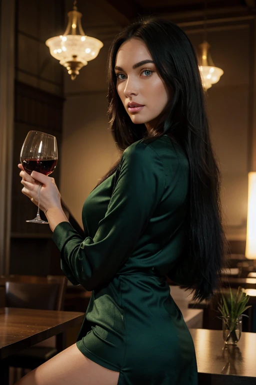 A beautiful 25 years old bad and arrogant girl with straight long black hair, brown eyes, red lips and she has smokey eyes and she is wearing a beautiful black dress. She is rich and holding a glass of wine in her hand.
