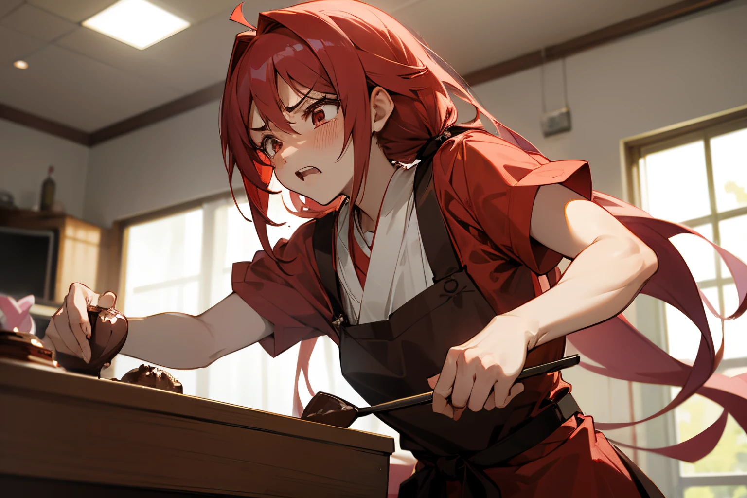 A beautiful anime-style girl making Valentine's chocolate at home.、I'm angry and panicking because of all my failures。His face is red and he's panicking.。hair is long and tied。wearing a red apron。Comically