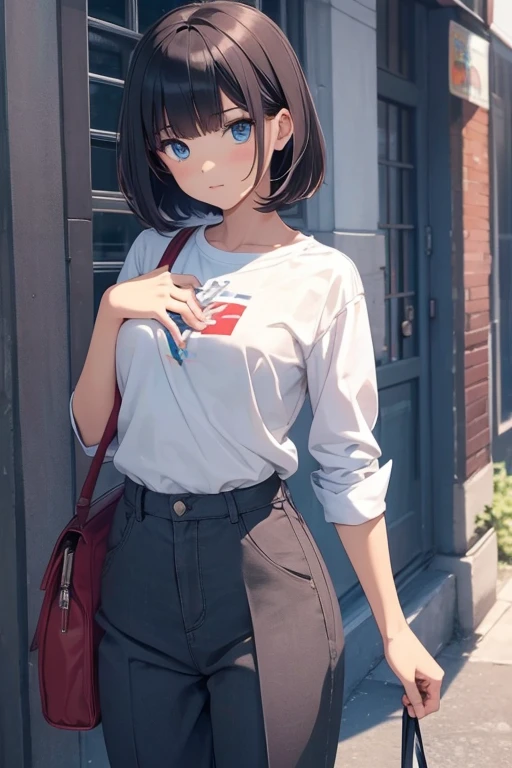 top-quality, Top image quality, (teens girl), , ​masterpiece, Medium Short Bob,  A dark-haired, white  shirt, boobplate, long trousers, ((the chest is flat)), Blue eyes, straight haired, A slender, Poor physique,  deadpan, dark alley