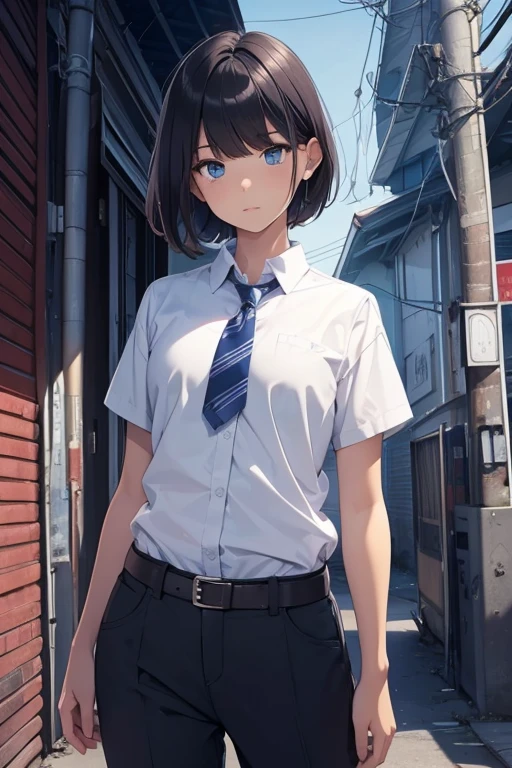 top-quality, Top image quality, (teens girl), 15yo student, masterpiece, Medium Short Bob, A dark-haired, white shirt, boobplate, long trousers, ((the chest is flat)), Blue eyes, straight haired, A slender, Poor physique, deadpan, dark alley