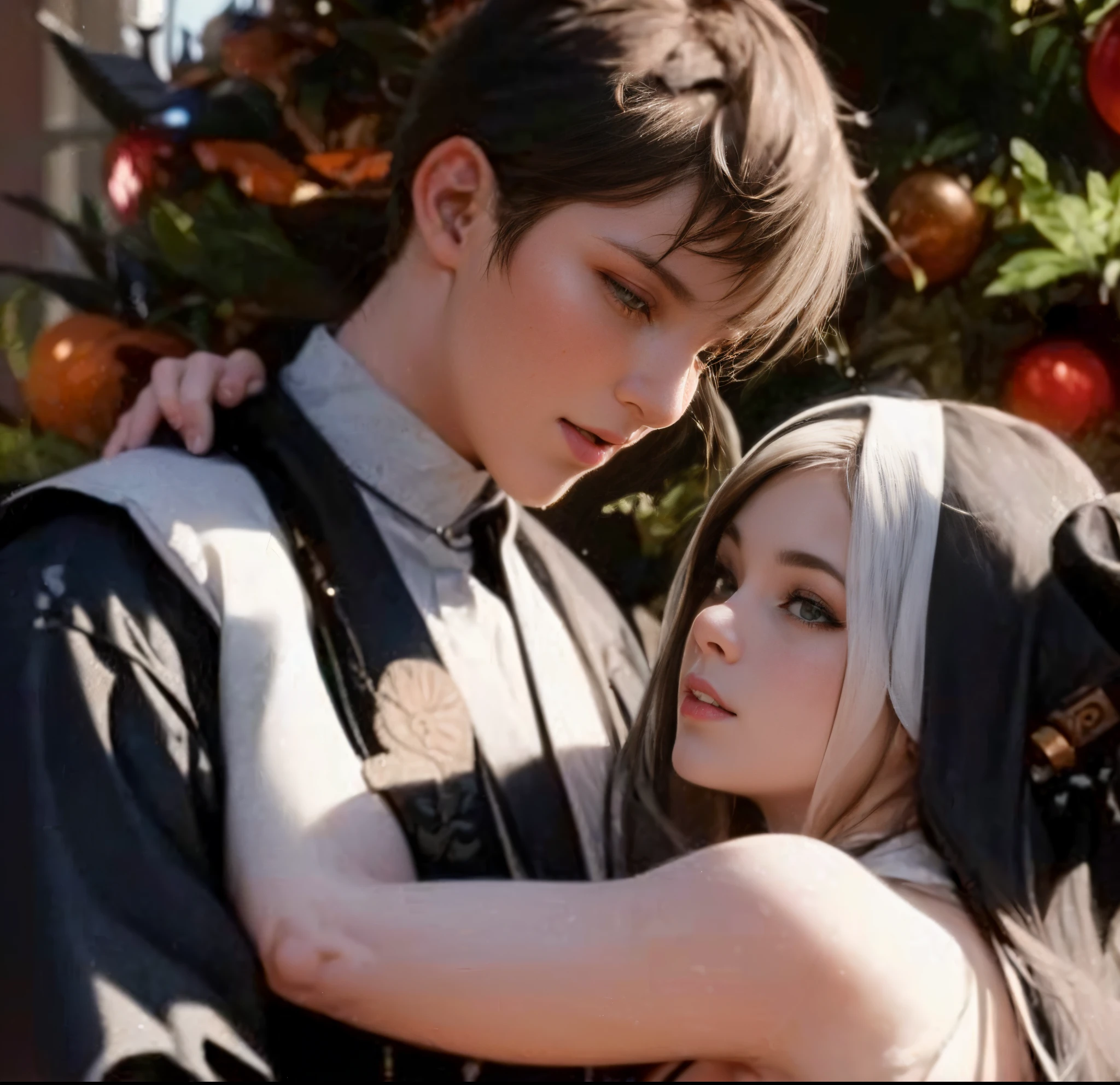 Generate an image of a sexy nun, hugged by a muscular priest male, christmas tree, she is praying inside a church with christmas decoration, hand arround neck, beautifull face, masterpiece, best quality:1.2),(8k,highres,RAW photo,realistic,photo-realistic:1.3),(detailed skin texture,detailed cloth texture,beautiful detailed face:1.25),professional lighting,photon mapping,beautiful soft light,radiosity,physically-based rendering,raytracing, model shoot style, model shoot style, (extremely detailed CG unity 8k wallpaper), full shot body photo of the most beautiful artwork in the world,,