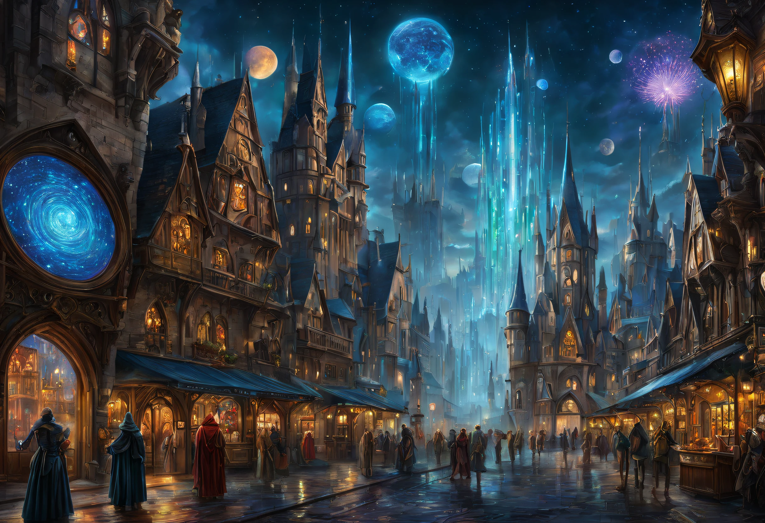 (a fusion of a medieval town and science fiction),oil painting,highres,ultra-detailed,vibrant colors,futuristic architecture,hovering spaceships,mysterious atmosphere,grand castles,twisting cobblestone streets,majestic spires,powerful energy fields,enchanted glowing crystals,steam-powered machinery,curious steampunk inventions,medieval knights in hi-tech armor,otherworldly creatures blending with humans,illuminated holographic signs,advanced transportation systems,glowing neon lights reflecting on the wet pavements,starry night sky with multiple moons,mechanical dragons soaring through the air,hidden underground laboratories,interdimensional portals,ancient ruins being transformed into futuristic structures,ornate stained glass windows depicting futuristic scenes,medieval marketplaces with futuristic kiosks and holographic displays,solar-powered energy generators,enchanted forests with bioluminescent plants,dazzling fireworks illuminating the sky,endless possibilities merging the past and the future.