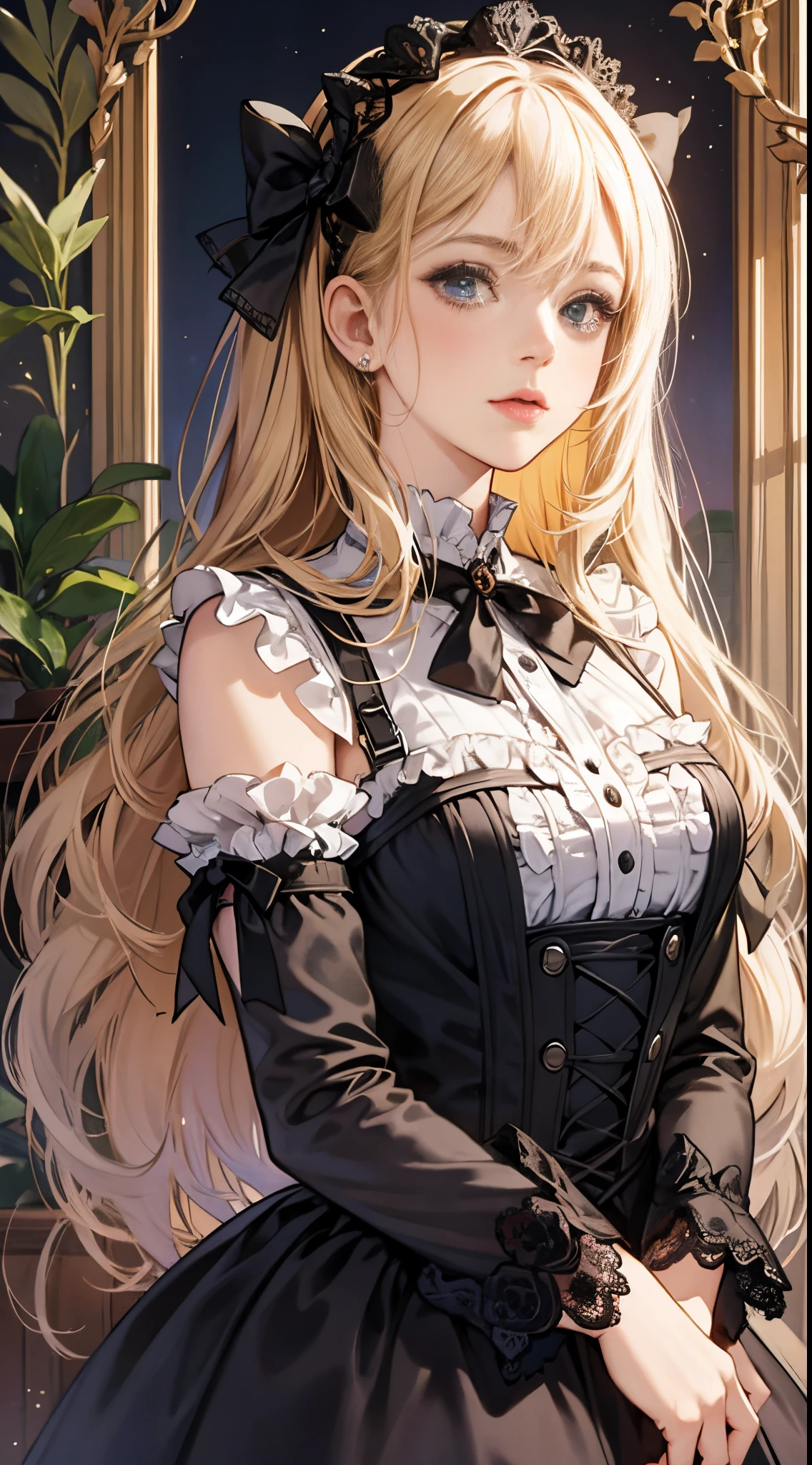 woman wearing dress and boots , baroque dress, in detailed steampunk dress, an elegant gothic princess, victorian gothic lolita fashion, Historical Baroque Dress Dark, black gothic lolita dress, fantasy style clothing, rococo dress, black rococo, classical witch, fantasy outfit, wearing a gothic dress, romantic dress, gothic dress,a blond,15yo student,(((Upper body portrait)))