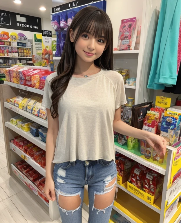 arafed woman standing in front of a machine in a store, wearing casual clothes, kawaii shirt and jeans, wearing a cute top, full body cute young lady, casual pose, wearing casual clothing, she has a cute face, she is about 1 6 , katelynn mini cute style, wearing tight  clothes, hot petite  girl