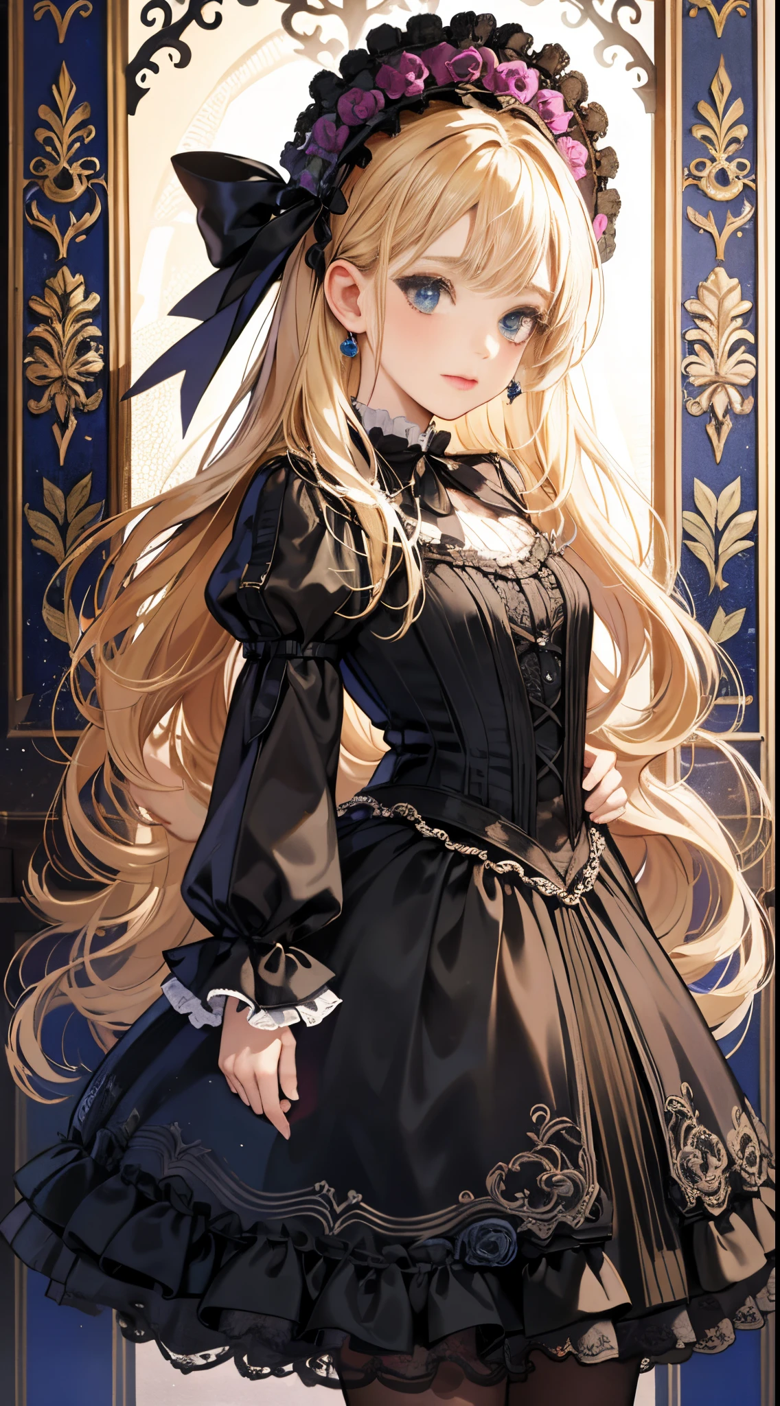 woman wearing dress and boots , baroque dress, in detailed steampunk dress, an elegant gothic princess, victorian gothic lolita fashion, Historical Baroque Dress Dark, black gothic lolita dress, fantasy style clothing, rococo dress, black rococo, classical witch, fantasy outfit, wearing a gothic dress, romantic dress, gothic dress,a blond, student,(((Upper body portrait)))