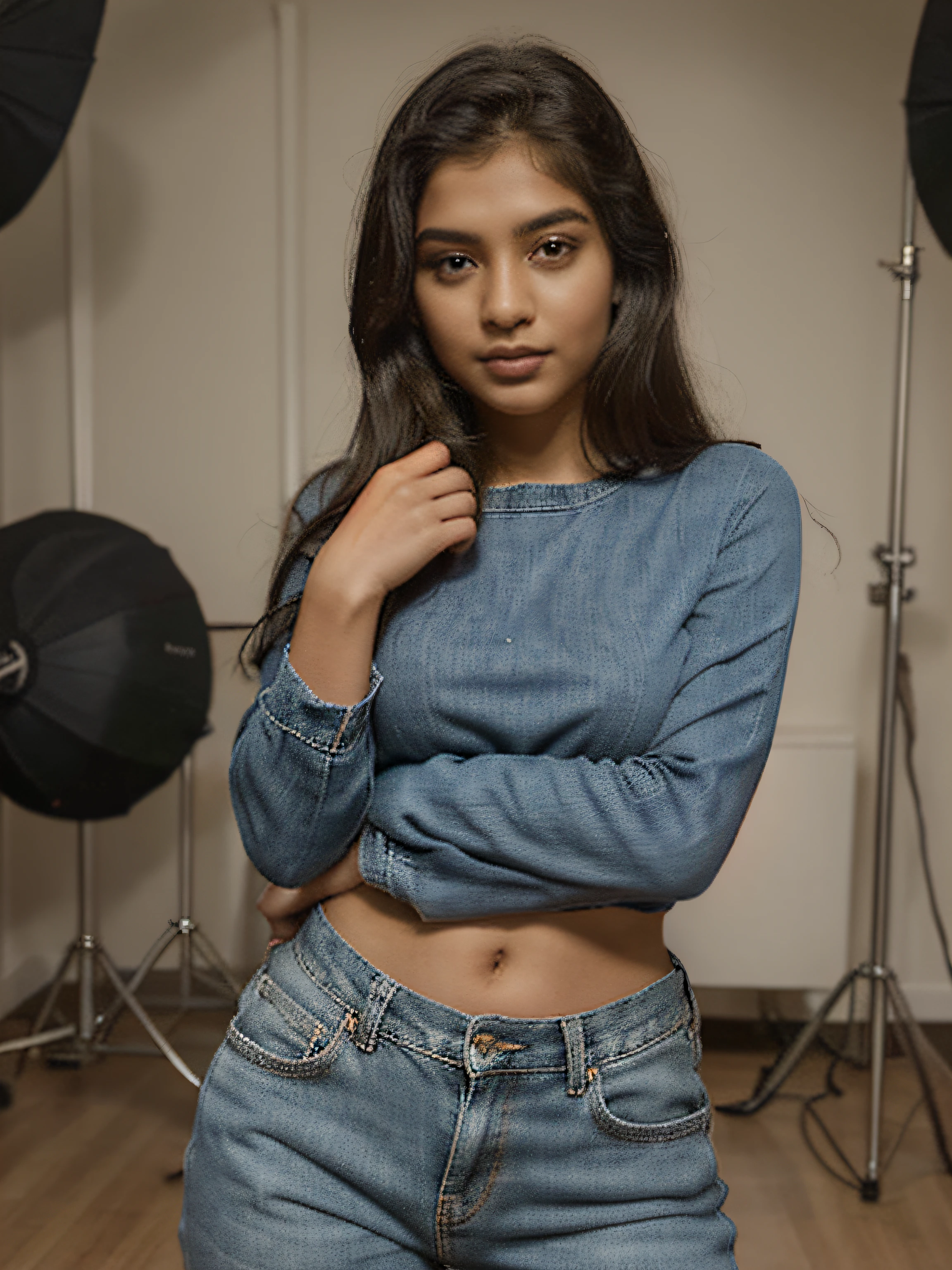 An Indian dusky girl, age of 24, photoshoot look, wearing a denim jumper, looking sizzling, looking into the camera, full shot, Meera Nayak, photoshoot, hands on waist, brown girl, dusky girl, photoshoot in a studio, photoshoot