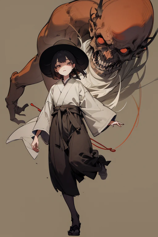 (full body), (rough sketch), (Line drawing drawing style illustration), ((The main character is a monster)), (eerie), (Outline warm color), Japanese painting, Japanese style tool, Dark atmosphere, horror factor, personification of junk, Mysterious Variants, spooky look, doll-like face, ((masterpiece)), ((high resolution)), ((super delicate)), Japanese Monsters, Human in the background, crazy face, looks like a person
