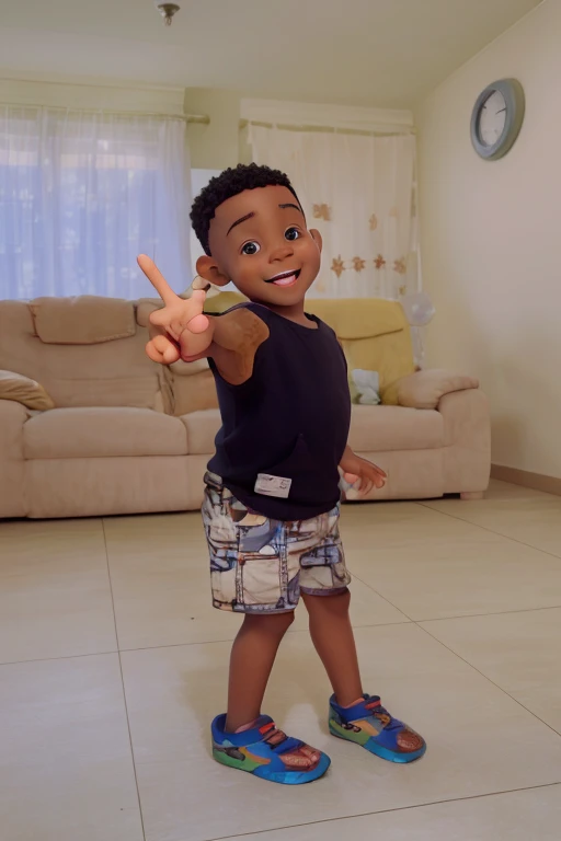 here is a young boy standing in a living room  a peace sign, 2 years old, 4yr old, four years old, waving at the camera, 5 years old, hi mark ( akwaaba tommy ), he is dancing, in an action pose, a still of a happy, full pose, waving and smiling, riyahd cassiem, young boy