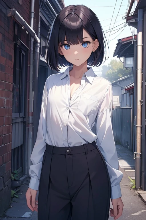 top-quality, Top image quality, (teens girl), 15yo student, ​masterpiece, Medium Short Bob,  A dark-haired, white  shirt, boobplate, long trousers, ((the chest is flat)), agalactia, small tits, Blue eyes, straight haired, A slender, Poor physique,  deadpan, dark alley