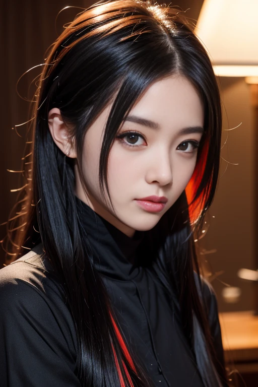 Ninja,(long black hair(multicolored) red locks)), ultra high quality,high res, beautiful,sexy, ninja outfit(half face mask),full body image, sweating