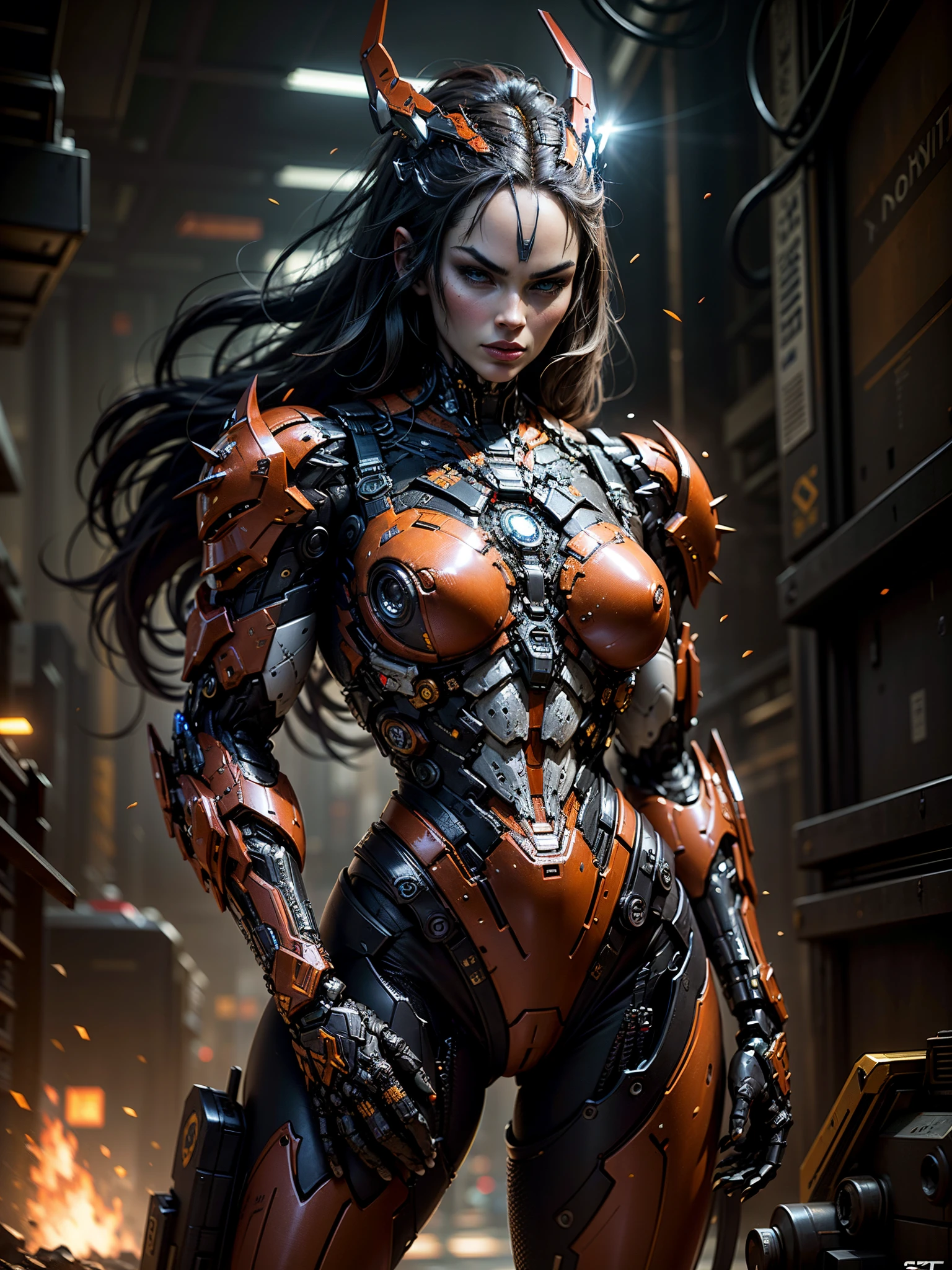 (megan fox), Cinematic, hyper-detailed, and insanely detailed, this artwork captures the essence of a hairless muscular female android girl. Beautiful color grading, enhancing the overall cinematic feel. Unreal Engine brings her anatomic cybernetic muscle suit to life, appearing even more mesmerizing. With the use of depth of field (DOF), every detail is focused and accentuated, drawing attention to her eyes and the intricate design of the anatomic cybernetic muscle suit . The image resolution is at its peak, utilizing super-resolution technology to ensure every pixel is perfect. Cinematic lighting enhances her aura, while anti-aliasing techniques like FXAA and TXAA keep the edges smooth and clean. Adding realism to the anatomic cybernetic muscle suit, RTX technology enables ray tracing. Additionally, SSAO (Screen Space Ambient Occlusion) gives depth and realism to the scene, the girl's anatomic cybernetic muscle suit become even more convincing. In the post-processing and post-production stages, tone mapping enhances the colors, creating a captivating visual experience. The integration of CGI (Computer-Generated Imagery) and VFX (Visual Effect brings out the anatomic cybernetic muscle suit's intricate features in a seamless manner. SFX (Sound Effects) complement the visual artistry, immersing the viewer further into this fantastic world. The level of detail is awe-inspiring, with intricate elements meticulously crafted, the artwork hyper maximalist and hyper-realistic. Volumetric effects add depth and dimension, and the photorealism is unparalleled. The image is rendered in 8K resolution, ensuring super-detailed visuals. The volumetric lightning adds a touch of magic, highlighting her beauty and the aura of her anatomic cybernetic muscle suit in an otherworldly way. High Dynamic Range (HDR) technology makes the colors pop, adding richness to the overall composition. Ultimately, this artwork presents an unreal portrayal of a super muscled cybernetic female android